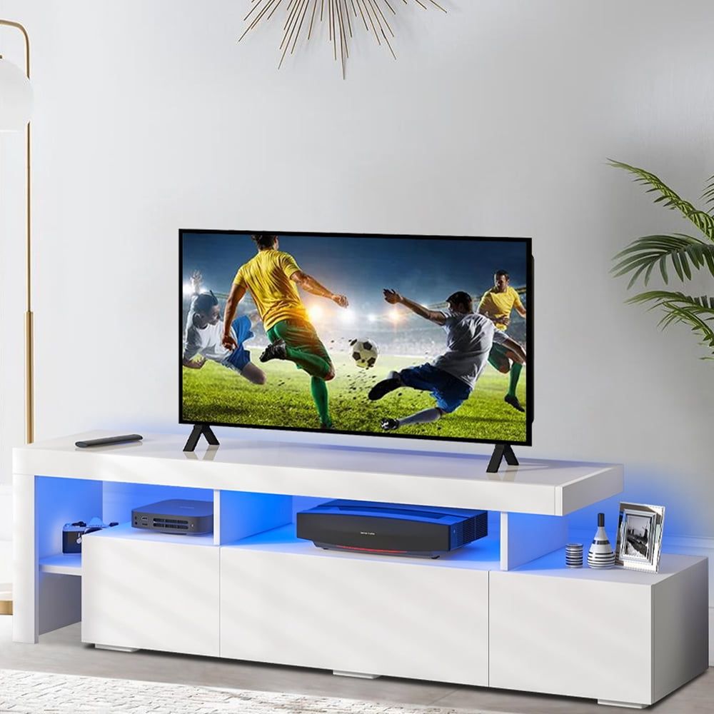 Led Tv Stand, High Gloss Led Tv Stand For Tvs Up To 70", Entertainment  Center With 16 Colored Led Strip Lights, Modern Tv Cabinet With Storage,  Kamida Television Stand For Living Room, White – Throughout Tv Stands With Lights (View 10 of 20)