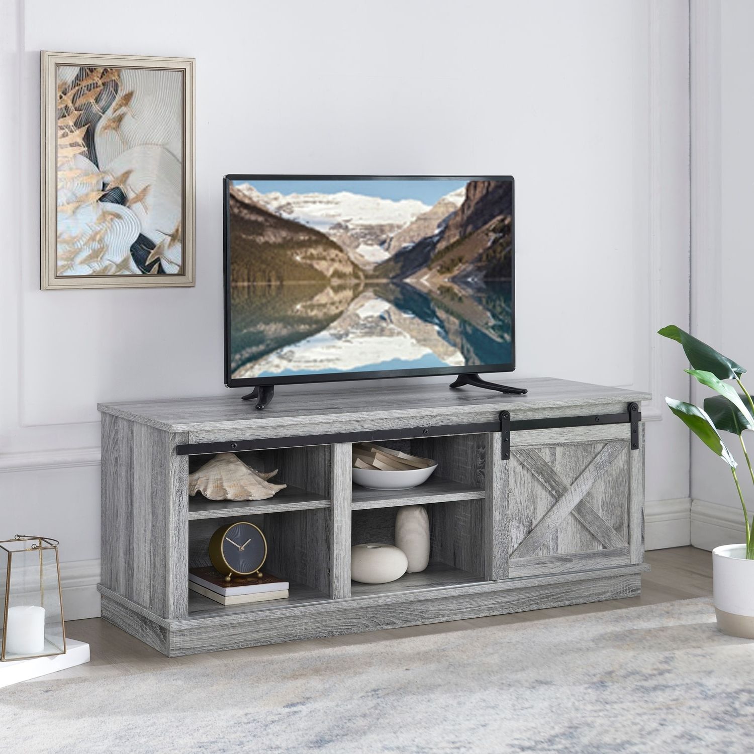 Low Profile Sliding Barn Door Farmhouse Tv Stand Cabinet For 50" Tv With Storage  Shelf, Entertainment Center, Media Console – Bed Bath & Beyond – 35065989 In Farmhouse Stands With Shelves (View 6 of 20)