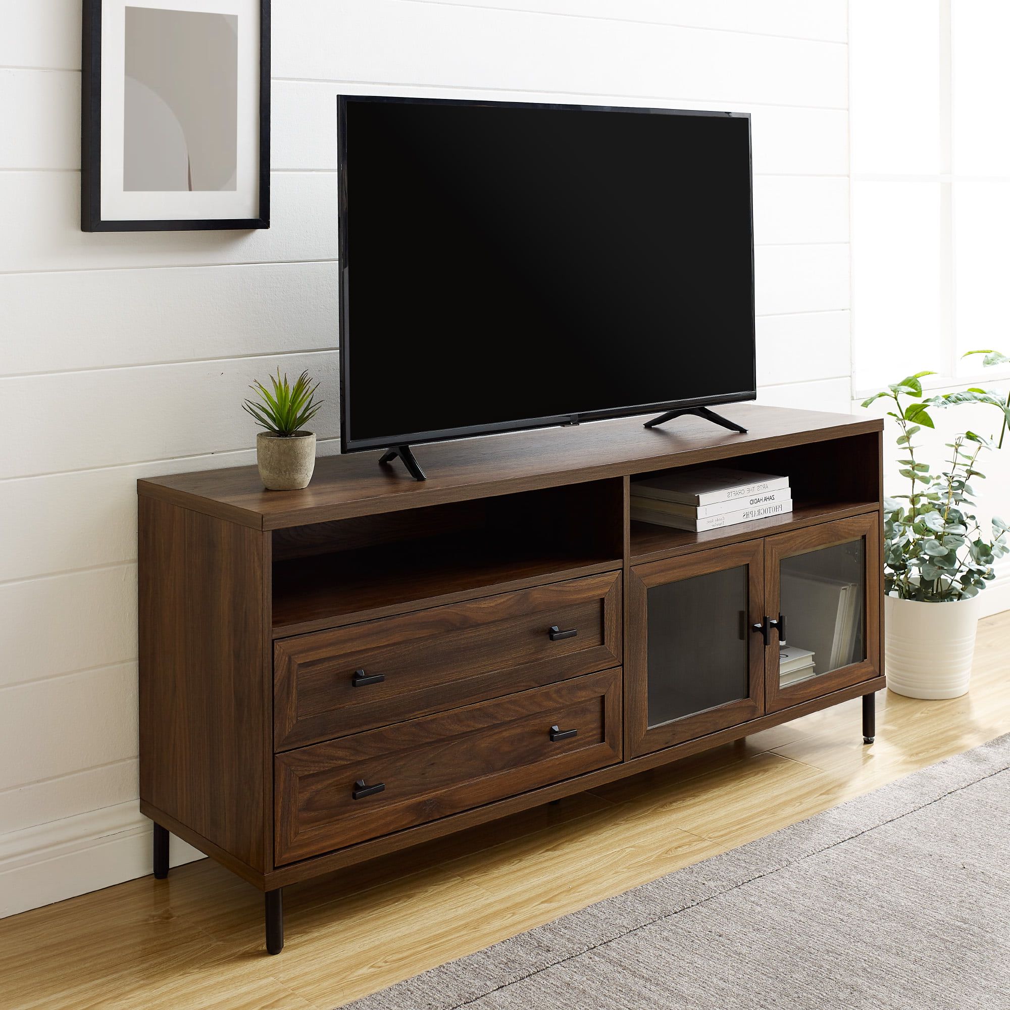 Manor Park Modern Wood And Glass Tv Stand For Tvs Up To 60", Dark Walnut –  Walmart With Walnut Entertainment Centers (Gallery 9 of 20)