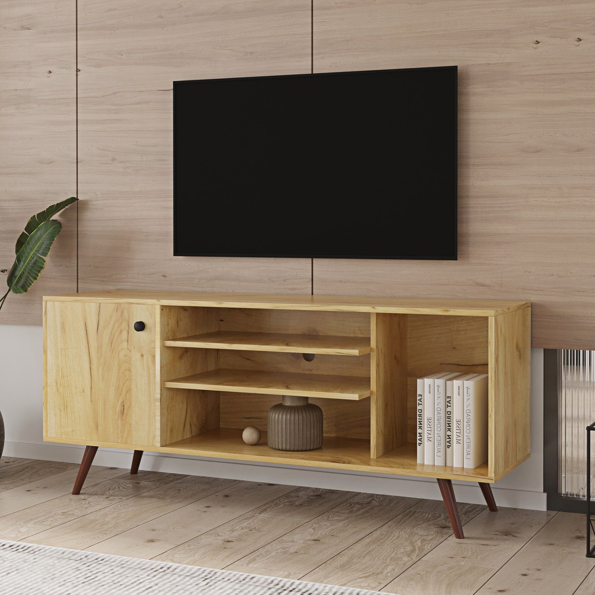Mid Century Tv Stand For Tvs Up To 55 Inches Entertainment Center With Open  Storage Shelves Cabinet Modern Tv Console – Bed Bath & Beyond – 35234560 Pertaining To Mid Century Entertainment Centers (Gallery 17 of 20)