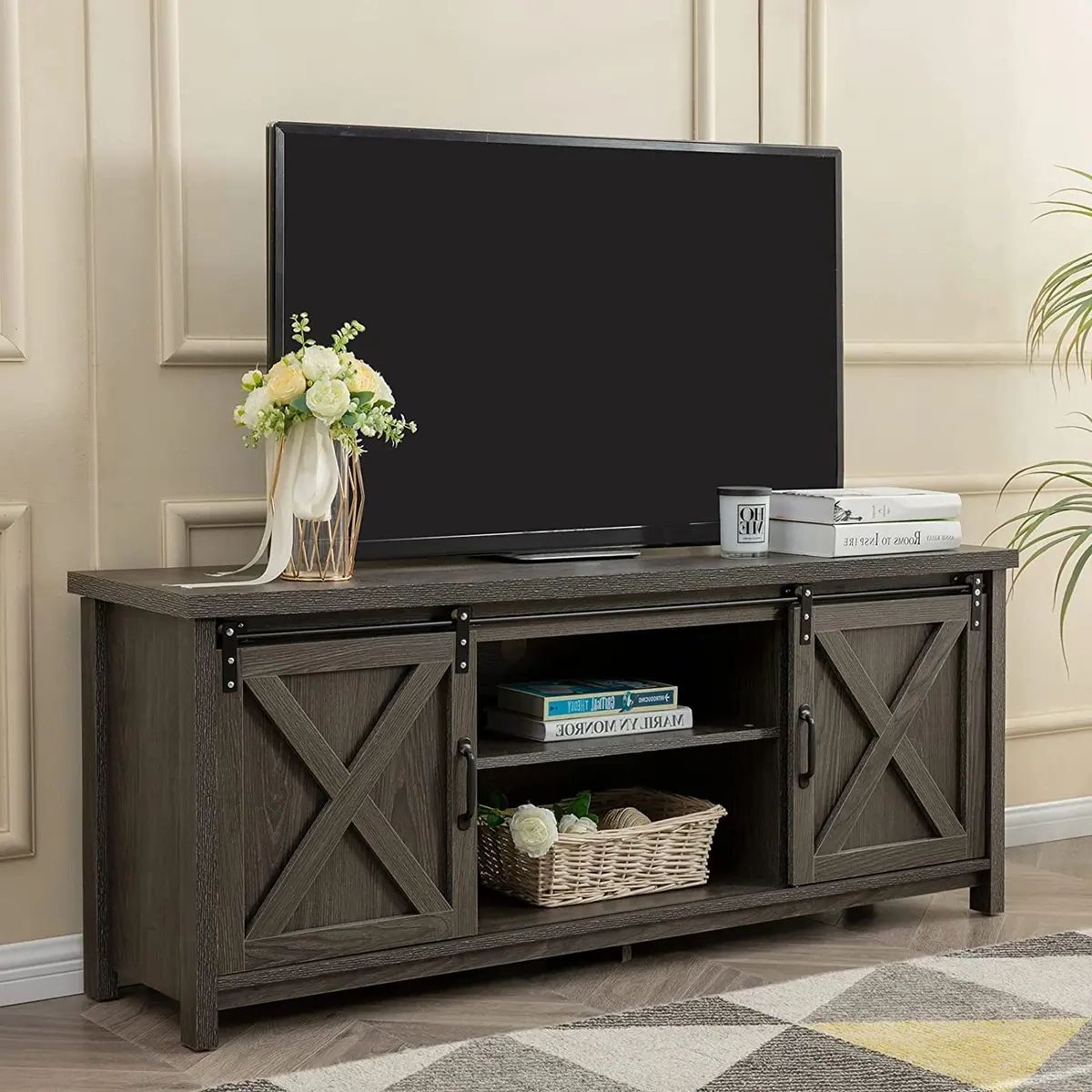Modern Farmhouse Tv Stand With Sliding Barn Doors, Media Entertainment  Center Co | Ebay Pertaining To Barn Door Media Tv Stands (View 4 of 20)