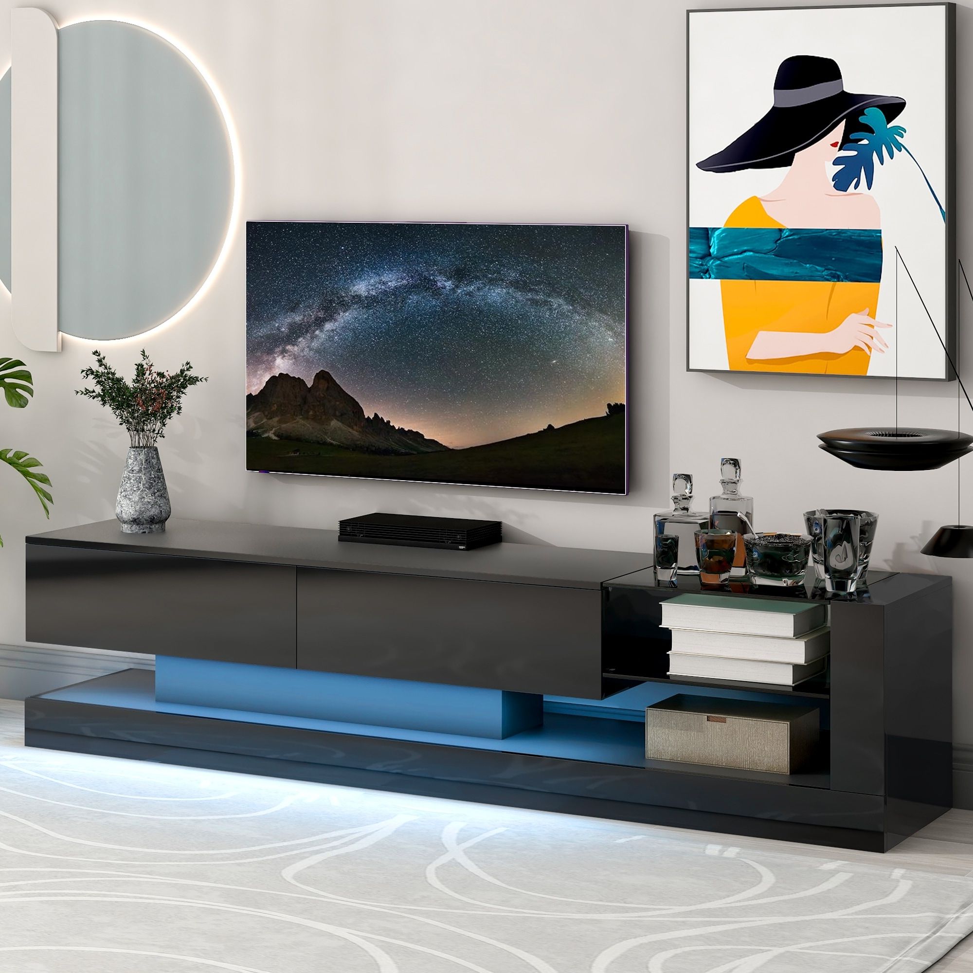 Modern Minimalist Style 70" Tv Stand With 16 Color Rgb Led Light & 2 Media  Storage Cabinets, Classic Tv Cabinet For Living Room – Bed Bath & Beyond –  37386620 With Modern Stands With Shelves (Gallery 10 of 20)