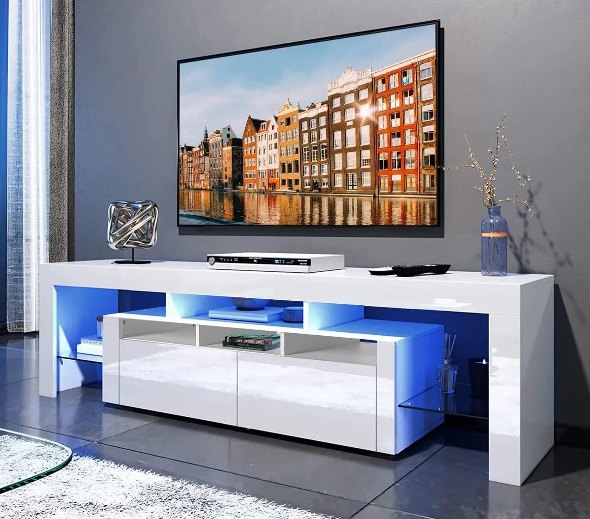 Modern Tv Unit Cabinet White Led Tv Stand High Gloss Doors Living Room Rgb  Light | Ebay Intended For Rgb Tv Entertainment Centers (View 4 of 20)