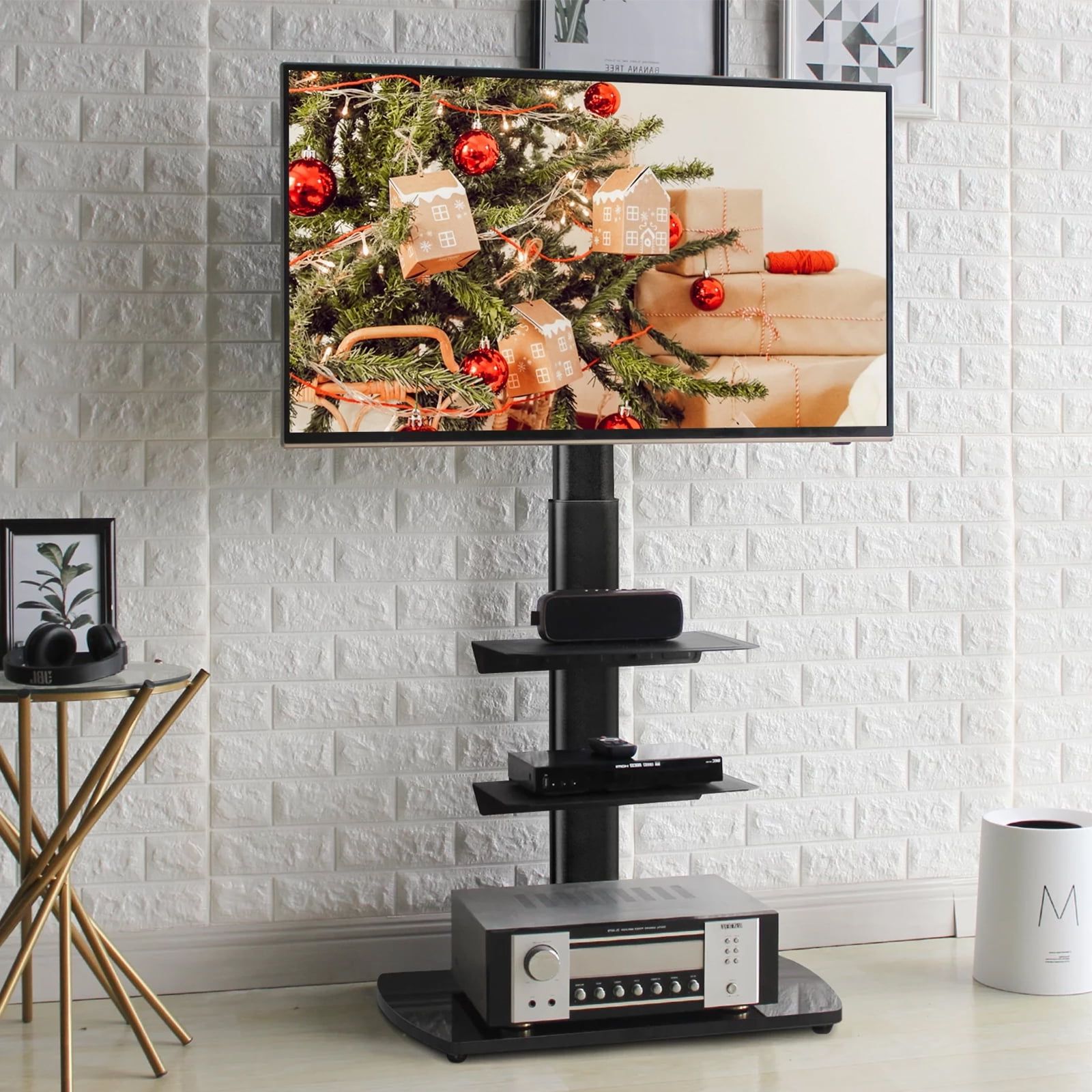 Modern Universal Floor Tv Stand For Tvs Up To 65 Inch, Black Metal Shelf –  Walmart Regarding Universal Floor Tv Stands (View 6 of 20)
