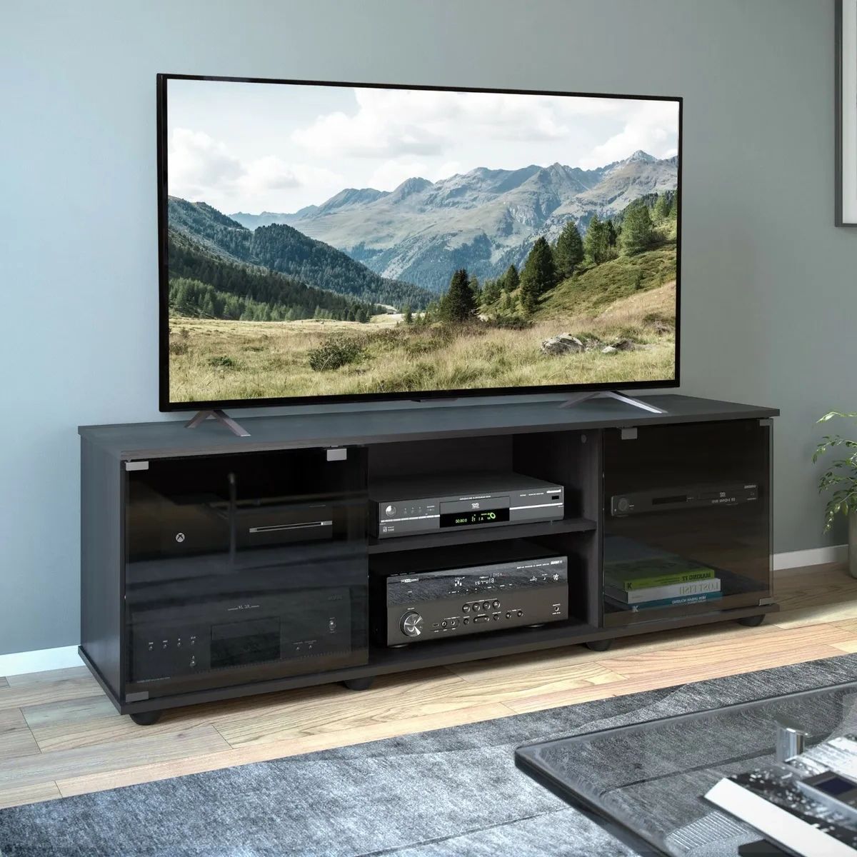 New Wide Black Tv Stand Audio Av Stereo Glass Cabinet Doors Entertainment  Center | Ebay Throughout Wide Entertainment Centers (Gallery 2 of 20)