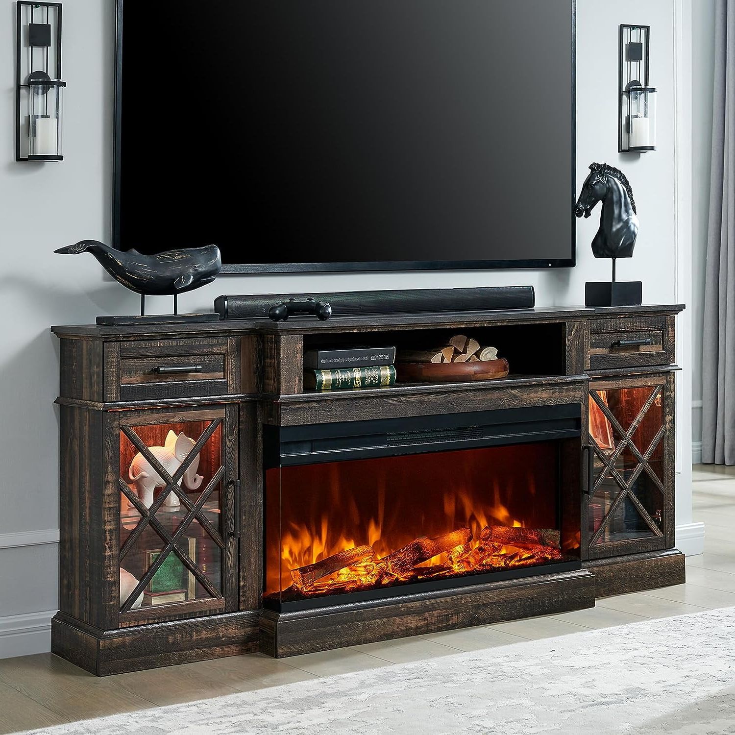 Okd 3 Sided Glass Farmhouse 70" Fireplace Tv Stand For Tvs Up To 80",  Highboy Entertainment Center With 36" Electric Fireplace, Dark Rustic Oak –  Walmart Inside Tv Stands With Electric Fireplace (Gallery 12 of 20)