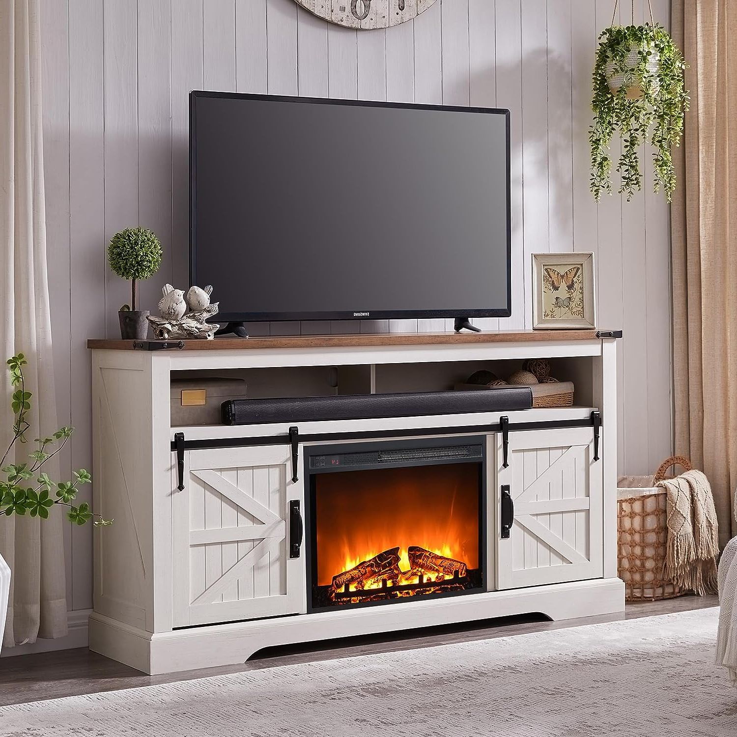 Okd Farmhouse 60" Electric Fireplace Tv Stand For Tvs Up To 65", Large Entertainment  Center With Fireplace For Living Room, Bedroom, Antique White – Walmart Throughout Tv Stands With Electric Fireplace (Gallery 9 of 20)