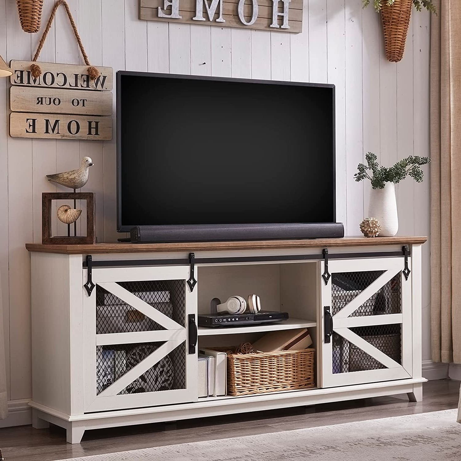 Okd Farmhouse Tv Stand For 75+ Inch Tv, Entertainment Center With  Adjustable Shelves For Living Room, Antique White – Walmart For Farmhouse Stands With Shelves (View 9 of 20)