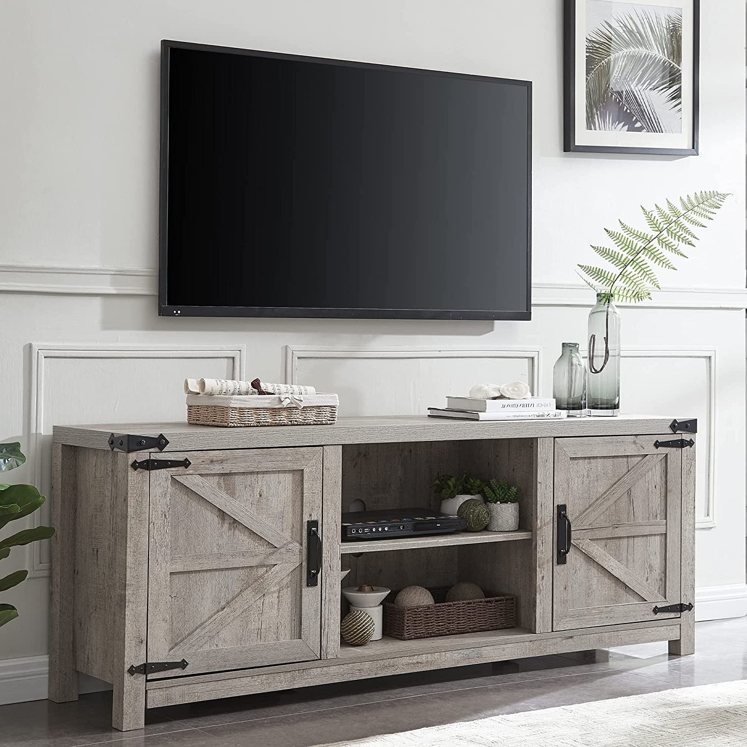 Okd Farmhouse Tv Stand For Tvs Up To 75 Inches, Wood Barn Door Media  Television Console Table With Storage Cabinets Shelves, Grey Wash –  Walmart With Regard To Barn Door Media Tv Stands (View 2 of 20)