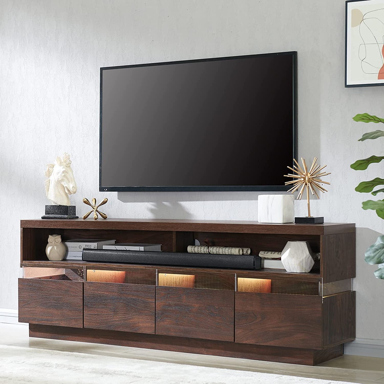 Okd Modern Wood Tv Stand For Tvs Up To 75" For Living Room With Led Lights Entertainment  Center,walnut – Walmart With Regard To Walnut Entertainment Centers (Gallery 11 of 20)