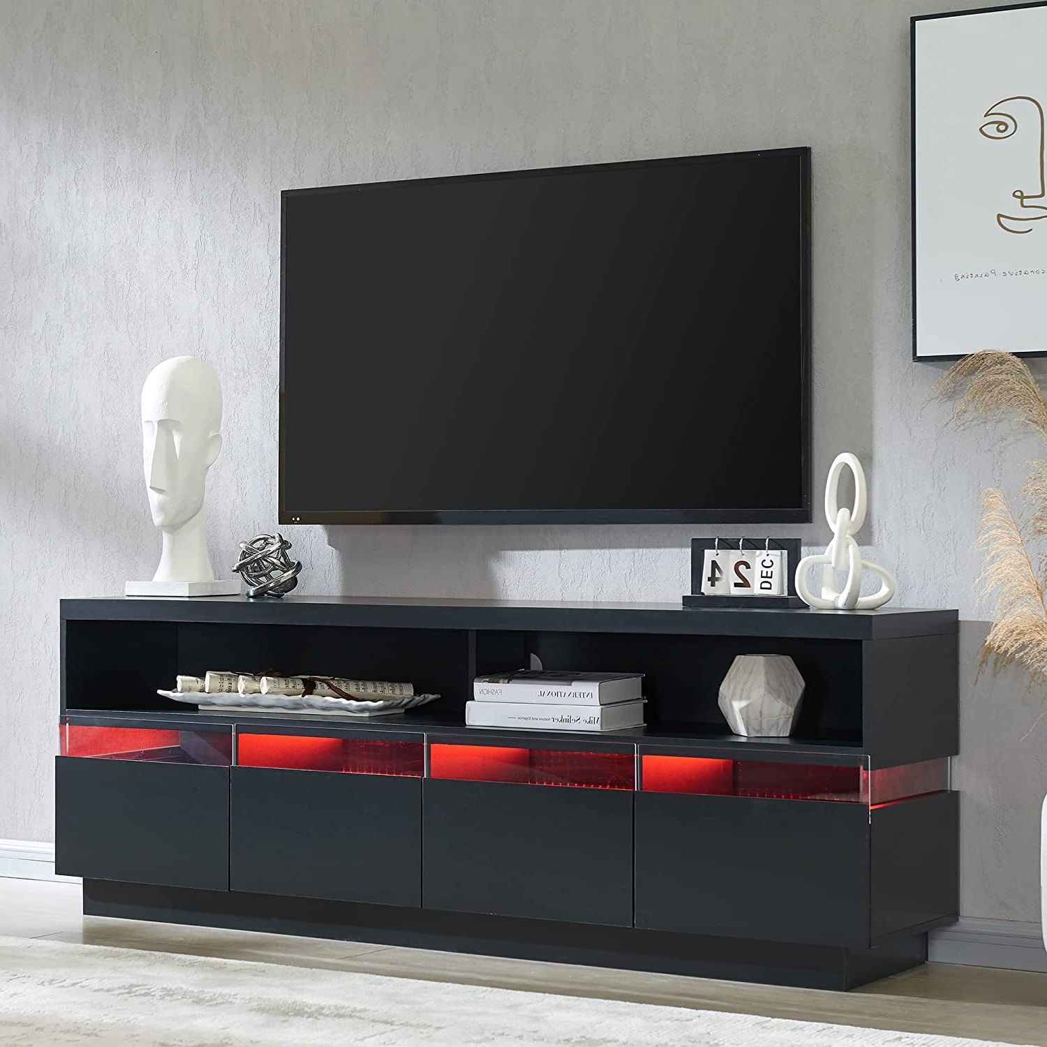 Okd Tv Stand For Tvs Up To 75", Entertainment Center, With Rgb Led Lights  And Storage Shelves For Living Room,solid Black – Walmart Regarding Black Rgb Entertainment Centers (Gallery 7 of 20)