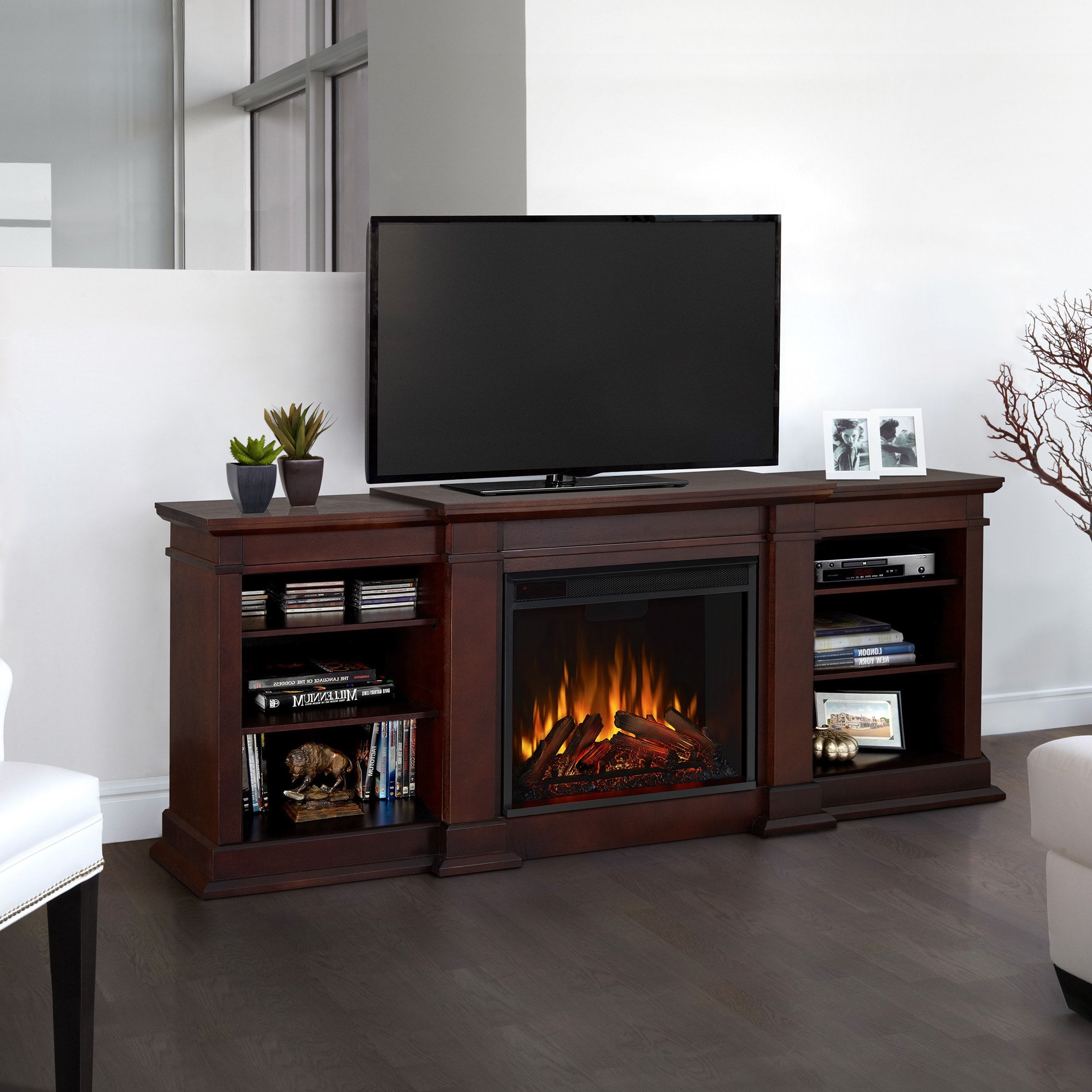 Real Flame 71.75 In W Dark Walnut Tv Stand With Fan Forced Electric  Fireplace In The Electric Fireplaces Department At Lowes Inside Tv Stands With Electric Fireplace (Gallery 7 of 20)