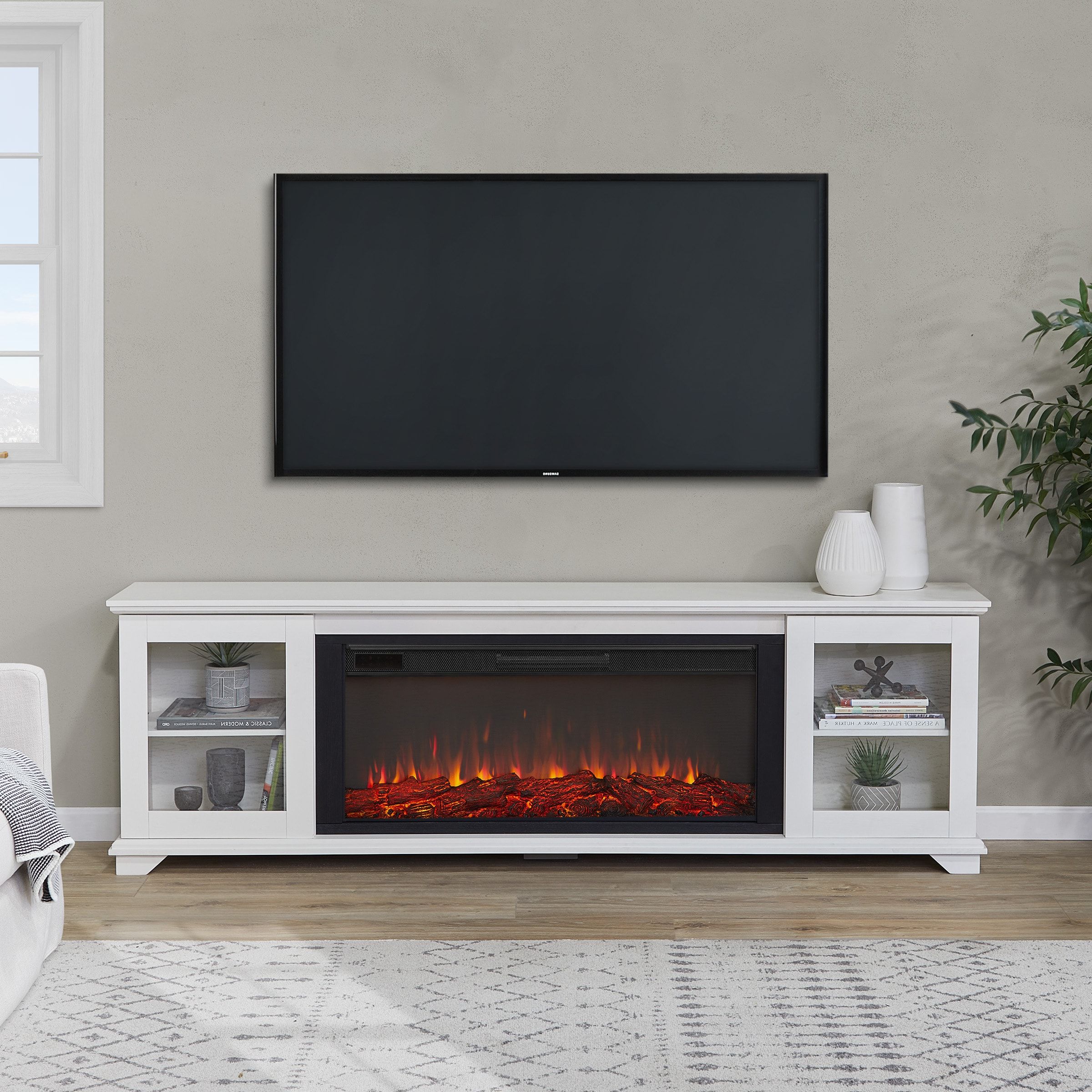 Real Flame 81 In W White Tv Stand With Fan Forced Electric Fireplace In The Electric  Fireplaces Department At Lowes Inside Tv Stands With Electric Fireplace (Gallery 5 of 20)