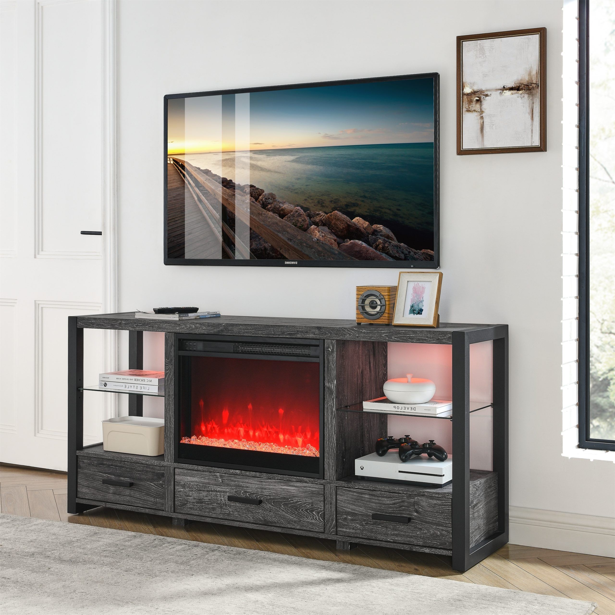 Rustic Electric Fireplace Tv Stand For Tvs Up To 70" With Multiple Storage,  Oak 28'' H X 15.7'' D X 60'' W – 60 In – Bed Bath & Beyond – 38424312 For Electric Fireplace Entertainment Centers (Gallery 13 of 20)