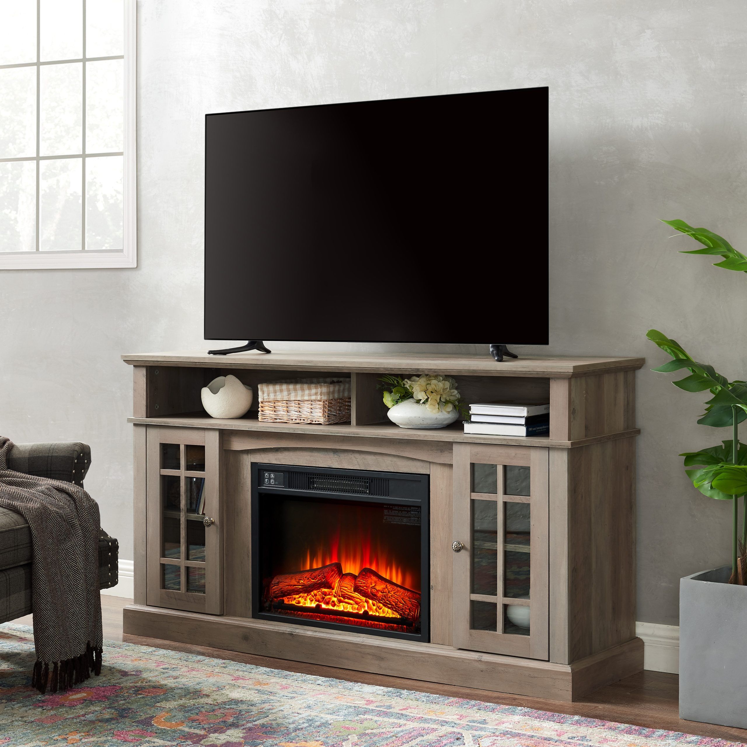 Rustic Fireplace Tv Console With 23" Electric Fireplace Inset, Highboy  Fireplace Tv Stand For Tvs Up To 60" Media Cabinets – On Sale – Bed Bath &  Beyond – 38949396 For Wood Highboy Fireplace Tv Stands (Gallery 10 of 20)