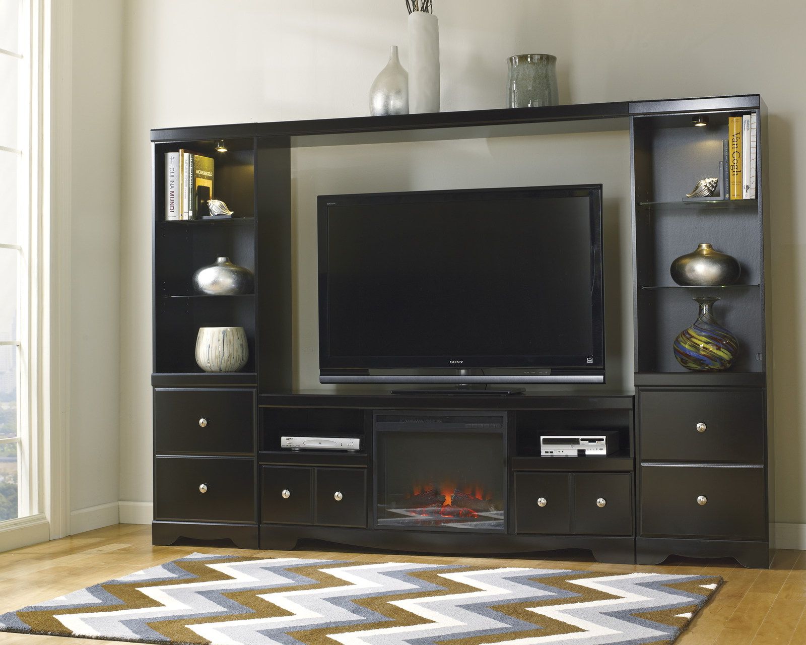 Shay Large Entertainment Unit With Tv Stand W/ Fireplace Insert, Bridge &  Two Side Piers In Black Regarding Entertainment Units With Bridge (View 14 of 20)