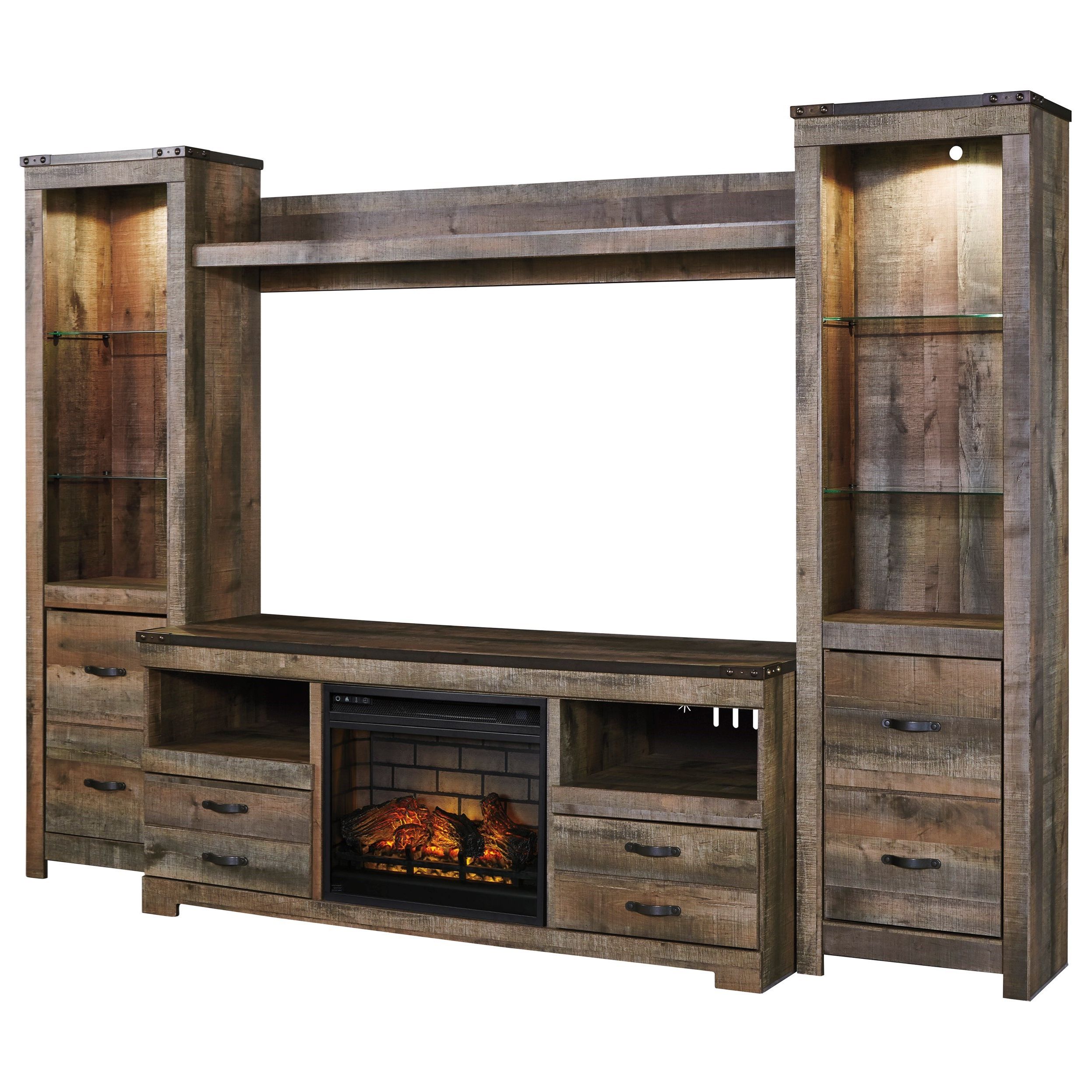 Signature Designashley Trinell W446w8 Rustic Large Tv Stand W/  Fireplace Insert, 2 Tall Piers, & Bridge | Factory Direct Furniture | Wall  Units Within Entertainment Units With Bridge (View 2 of 20)