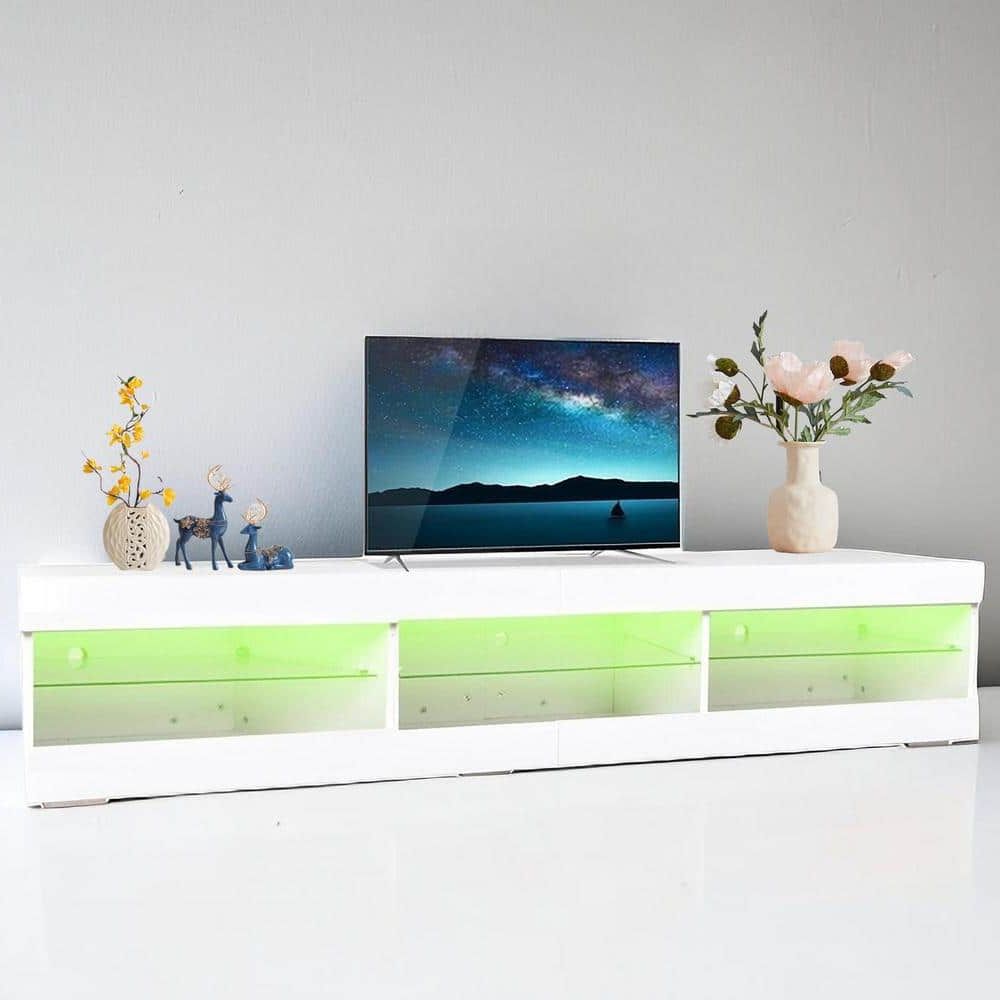 Spaco Modern White Particle Board Tv Stand With Led Lights Storage And  Glass Shelves (70.87 In. W X 15.75 In. D X 14.85 In (View 13 of 20)
