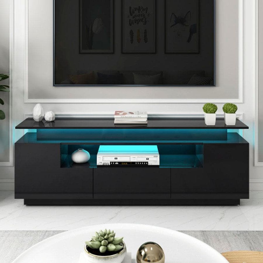 Stylish Functional Tv Stand With Color Changing Led Lights, Universal Entertainment  Center, High Gloss Tv Cabinet For 75+ Inch Tv, Black | Shein Regarding Rgb Entertainment Centers Black (View 17 of 20)