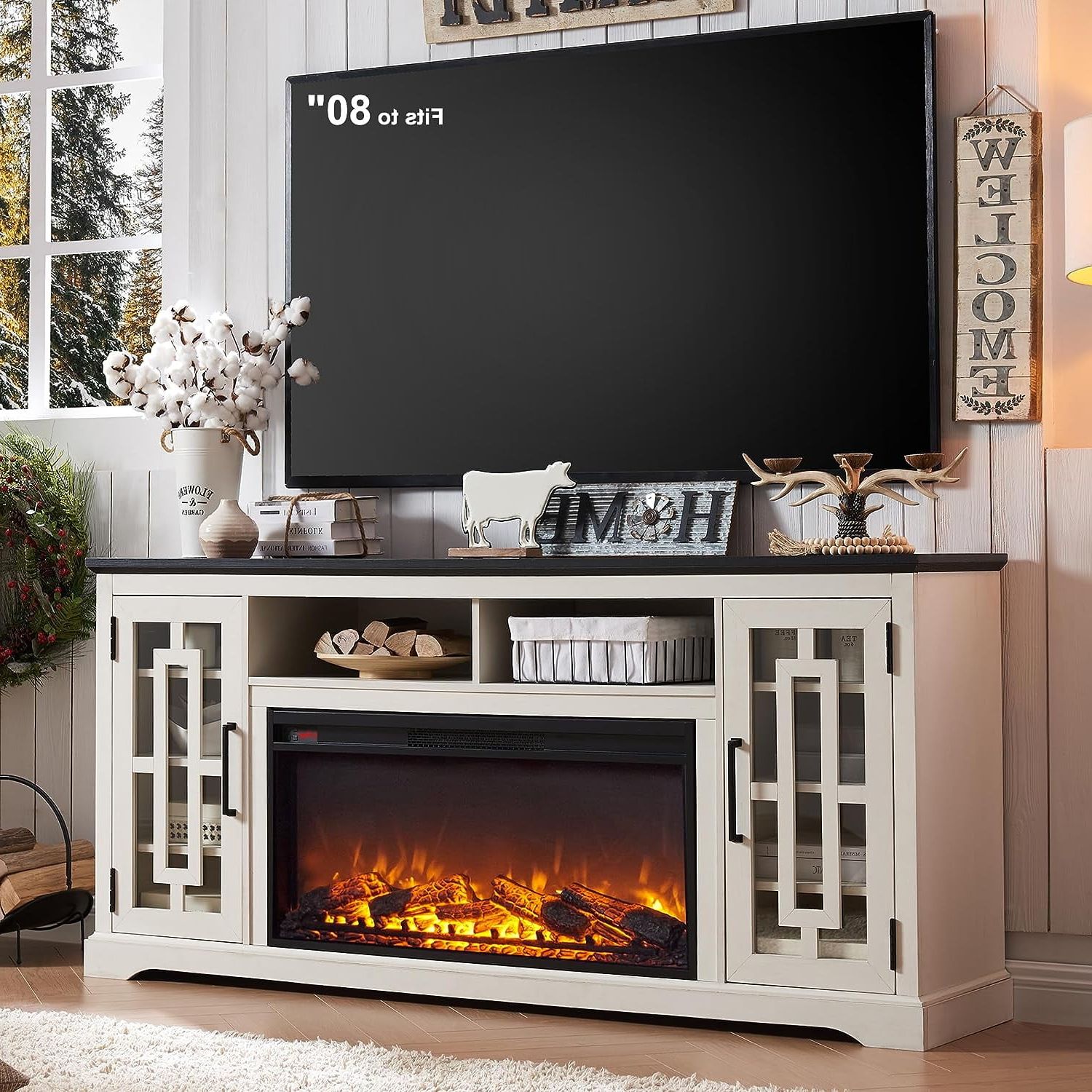 T4tream 70" Fireplace Tv Stand For 75 80 Inch Tv, Farmhouse Highboy  Entertainment Center With Storage For Living Room, White – Walmart Inside Wood Highboy Fireplace Tv Stands (View 3 of 20)
