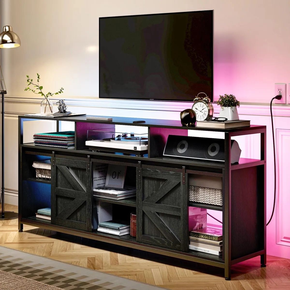 Tc Homeny Black Tv Stand W/ Rgb Led Light App & Remote Entertainment Center  | Ebay In Rgb Entertainment Centers Black (View 4 of 20)