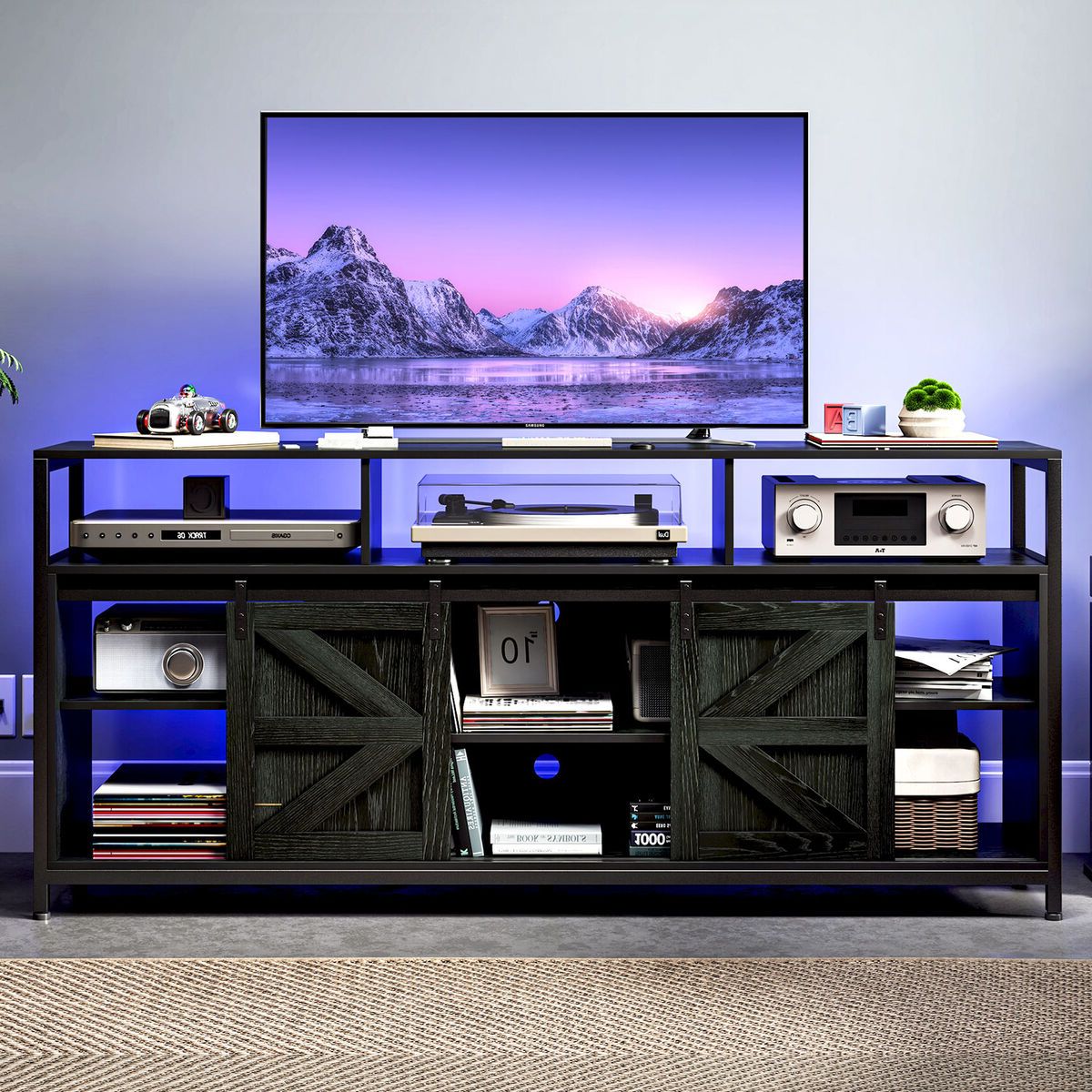 Tc Homeny Black Tv Stand With Rgb Led Light App & Remote Entertainment  Center | Ebay Intended For Rgb Entertainment Centers Black (View 7 of 20)