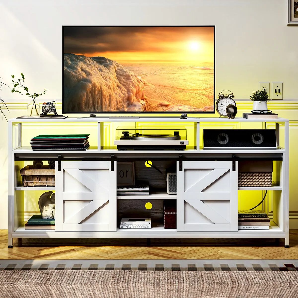 Tc Homeny Rgb Led Tv Stand With Power Station Entertainment Center Tv  Cabinet | Ebay Pertaining To Rgb Entertainment Centers Black (View 13 of 20)