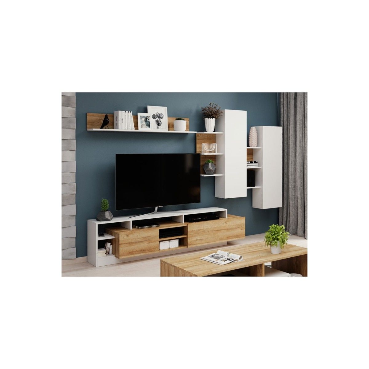 Tv Stand 2 Doors With Shelf And Wall Columns Alba (white, Wood) Pertaining To Cafe Tv Stands With Storage (View 5 of 20)
