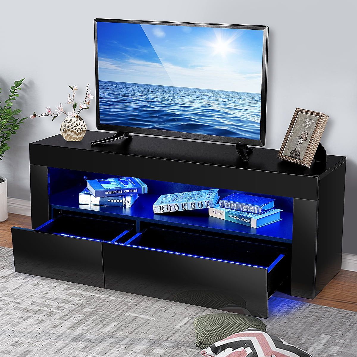 Tv Stand Cabinet For Living Room Up To 55" Tv, Entertainment Center With Rgb  Led Lights And Storage Shelves Furniture, Black High Gloss Tv Console Table  – Walmart Pertaining To Rgb Entertainment Centers Black (View 6 of 20)