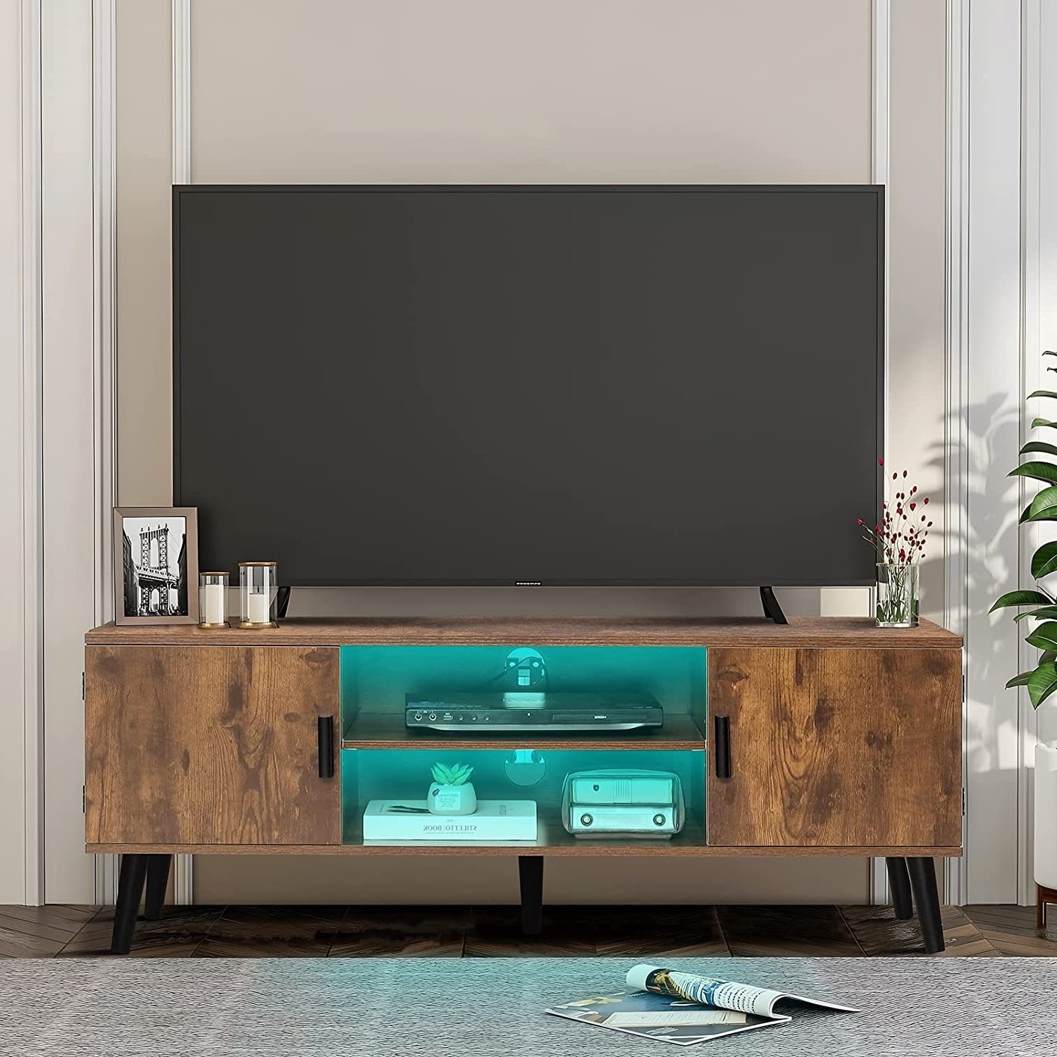 Tv Stand For 55 Inch Tv, Led Tv Stand With Led Lights & Power Outlet, Tv  Console With 2 Cabinets &amp – Bed Bath & Beyond – 37666779 Pertaining To Led Tv Stands With Outlet (View 16 of 20)