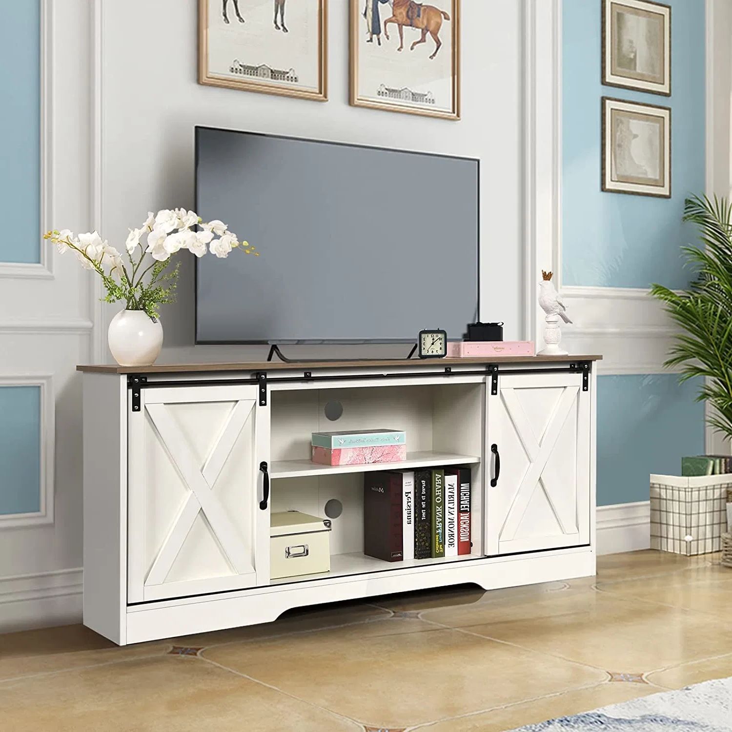 Tv Stand For 65+ Inch Tv, White Entertainment Center Barn Door Television  Stands For 75 Inch Tv, White Farmhouse Tv Stand For 65 Inch Tv – China Tv  Stand, Television Stands | Made In China Pertaining To White Tv Stands Entertainment Center (View 15 of 20)