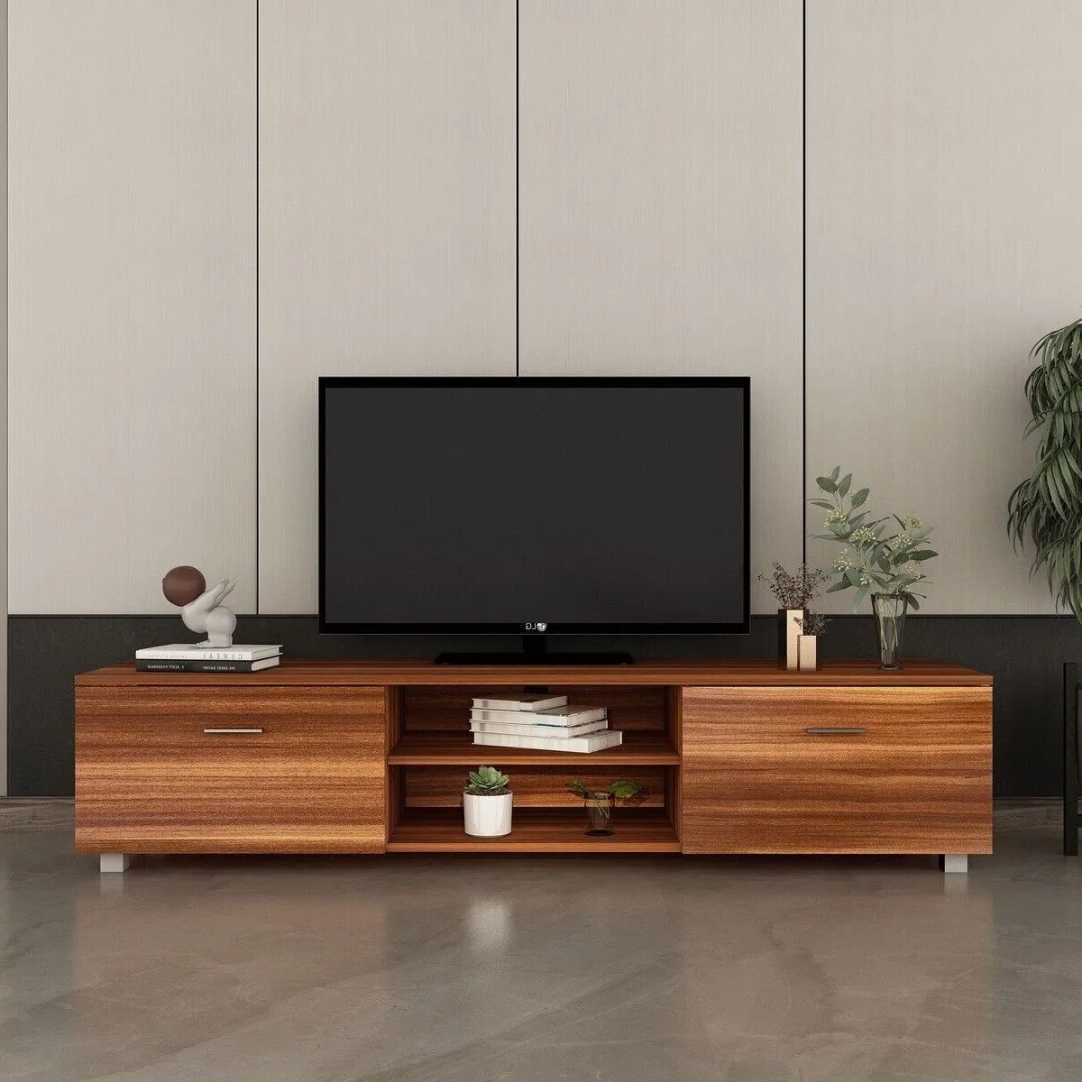 Tv Stand Media Entertainment Center For Tv's Up To 70" W/ Storage Cabinet  Walnut | Ebay Pertaining To Walnut Entertainment Centers (Gallery 17 of 20)