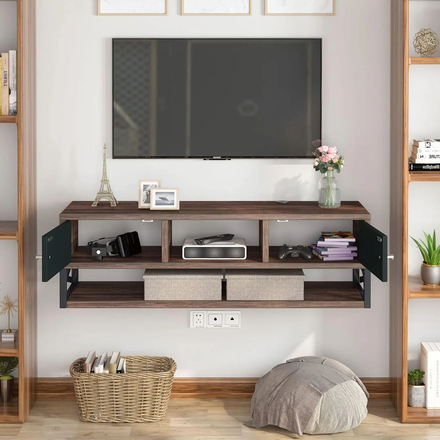 Tv Stand, Mounted Under Tv Floating Shelf With Doors, 3 Tier Entertainment  Center Console Cabinet With Storage For Living Room – Aliexpress Inside Tier Stand Console Cabinets (Gallery 1 of 20)
