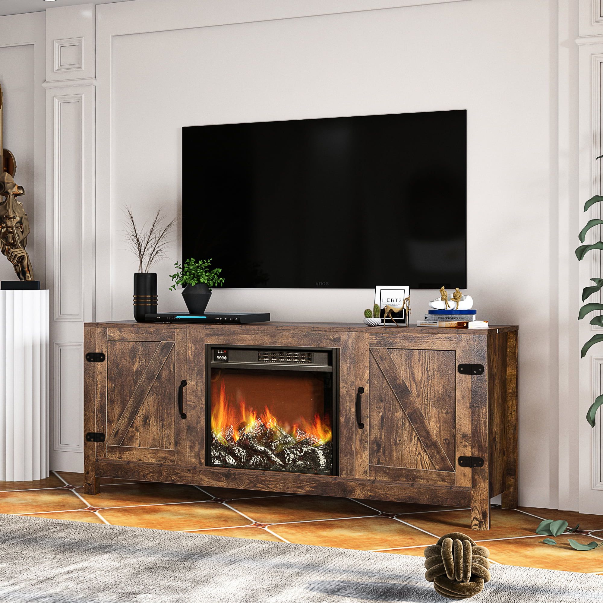 Tv Stand With Fireplace For 65 Inch Tv, Farmhouse Electric Fireplace Tv  Cabinet With 5 Brightness Adjustment & Remote, Media Entertainment Center  Barn Door Television Console Table With Storage, Oak – Walmart In Modern Fireplace Tv Stands (View 5 of 20)