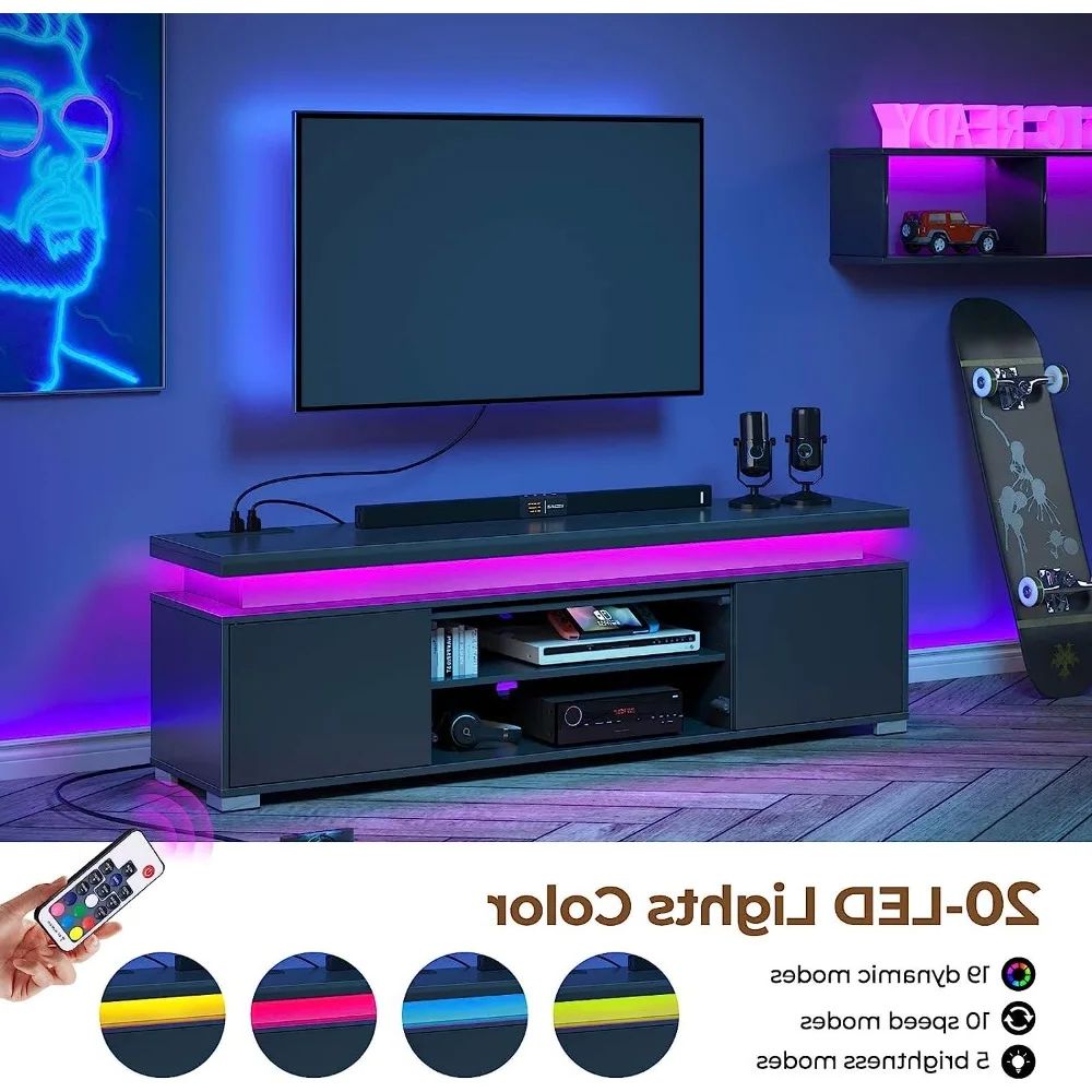 Tv Stand With Power Outlet & Led Lights, Modern Entertainment Center For  32/43/50/55/65 Inchs Tvs, Tv Table, Black – Aliexpress Regarding Led Tv Stands With Outlet (View 15 of 20)