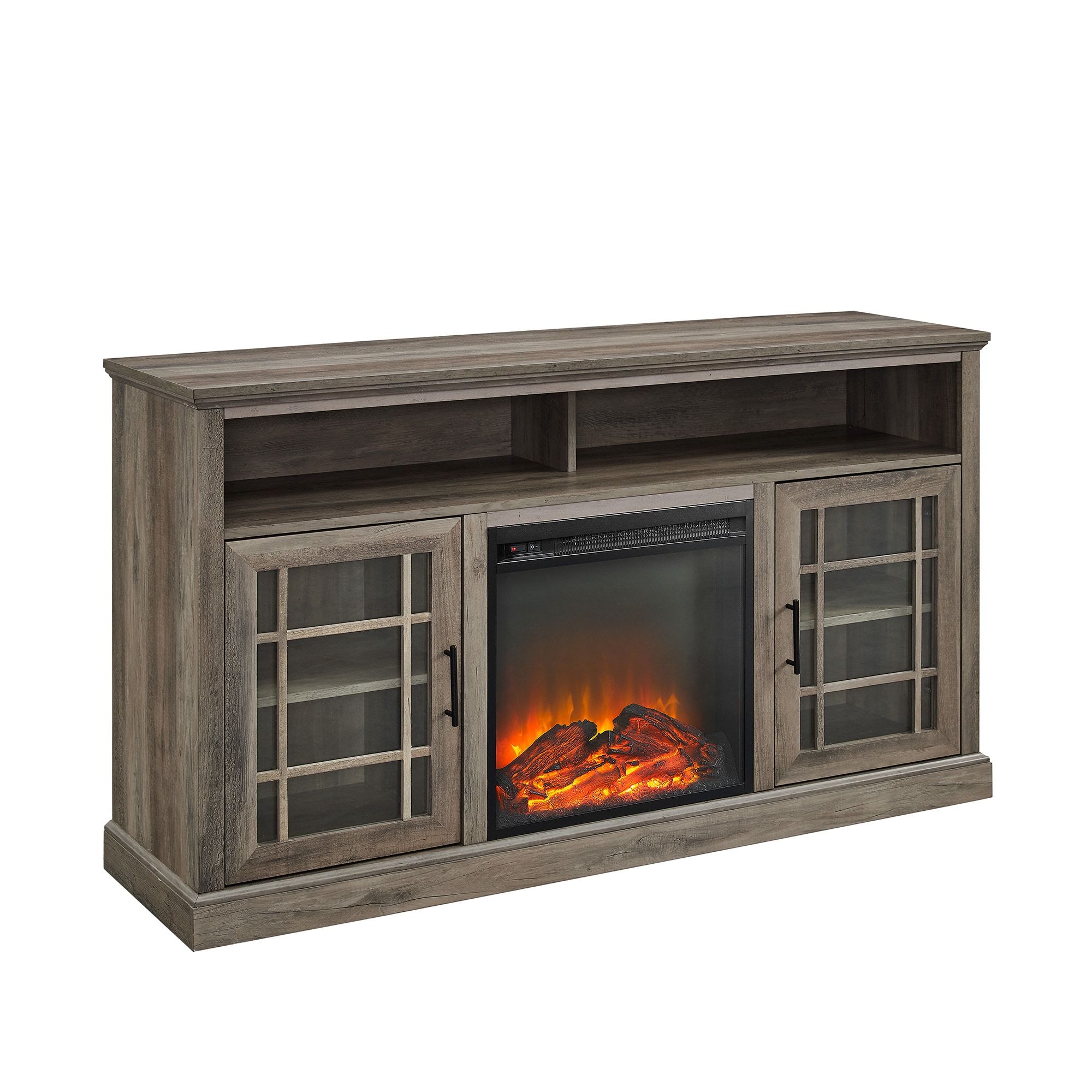 Walker Edison 58 In W Grey Wash Tv Stand With Led Electric Fireplace In The  Electric Fireplaces Department At Lowes Pertaining To Wood Highboy Fireplace Tv Stands (View 8 of 20)