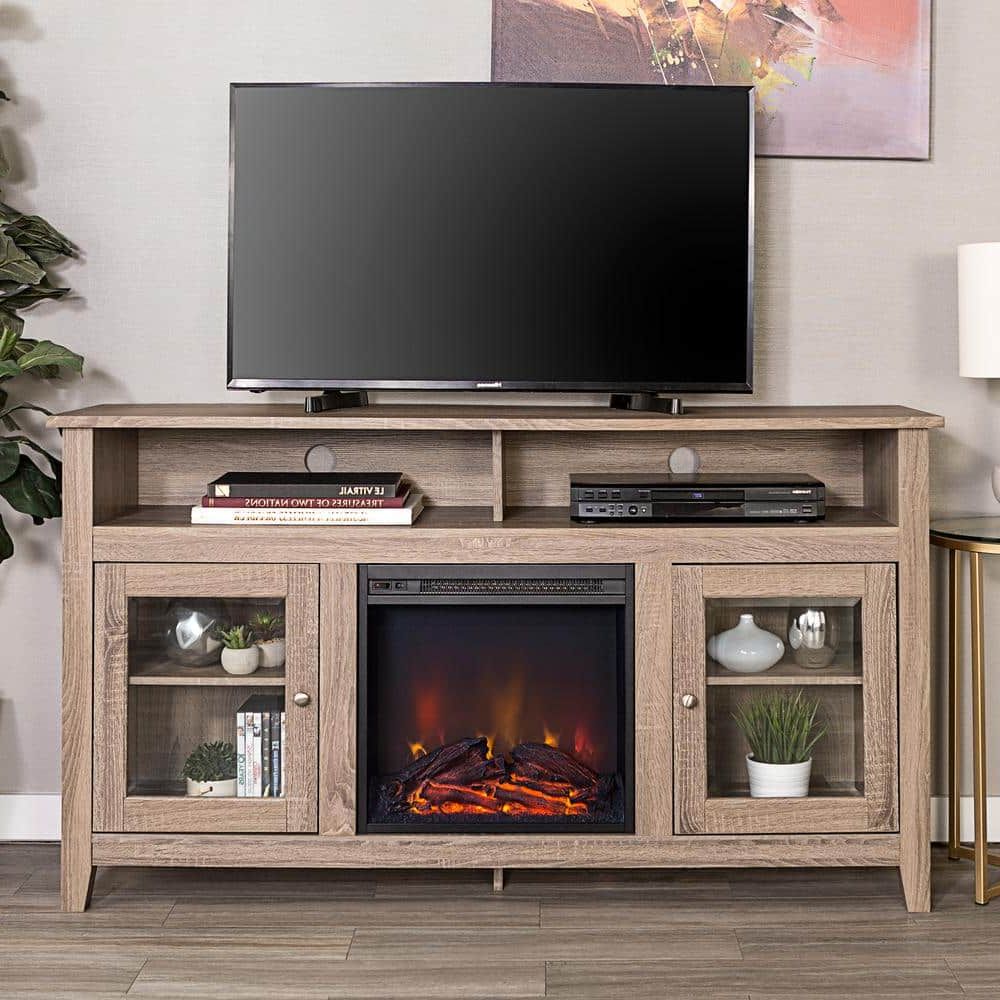 Walker Edison Furniture Company 58" Transitional Fireplace Glass Wood Tv  Stand Entertainment Center – Driftwood Hd58fp18hbag – The Home Depot With Regard To Wood Highboy Fireplace Tv Stands (Gallery 14 of 20)