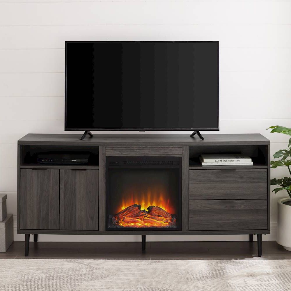 Walker Edison Modern Two Drawer Fireplace Tv Stand For Most Tvs Up To 65”  Slate Grey Bb60fprthsg – Best Buy Pertaining To Modern Fireplace Tv Stands (View 9 of 20)