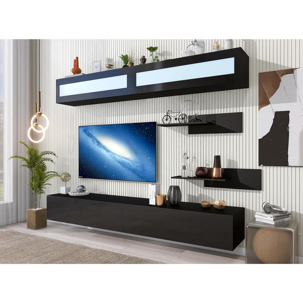 Wall Mount Floating Tv Stand With 4 Media Storage Cabinets And 2 Shelves  Black | Ebay Intended For Wall Mounted Floating Tv Stands (View 5 of 20)