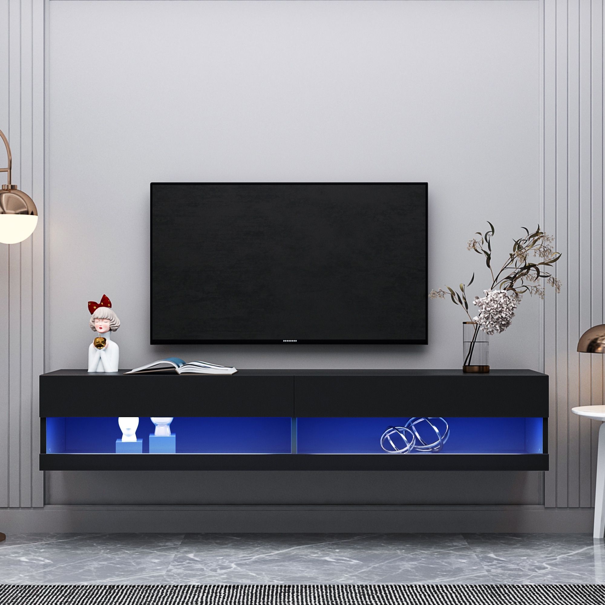 Wall Mounted Floating Tv Stand With Led Lights And Storage Compartments –  Bed Bath & Beyond – 38286386 Throughout Wall Mounted Floating Tv Stands (View 9 of 20)