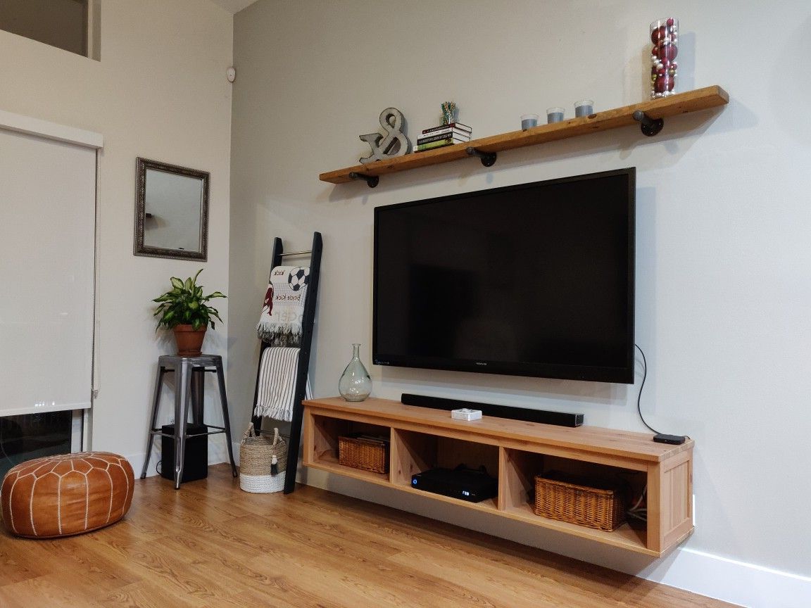 Wall Mounted Tv, Floating Entertainment Unit And Wood Shelf Above The Tv (View 7 of 20)