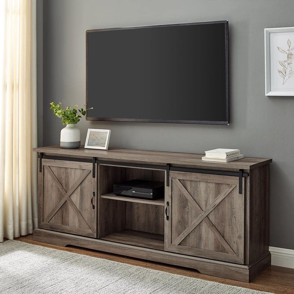 Welwick Designs 70 In. Grey Wash Wood And Metal Tv Stand With Sliding X Barn  Doors (max Tv Size 80 In (View 13 of 20)