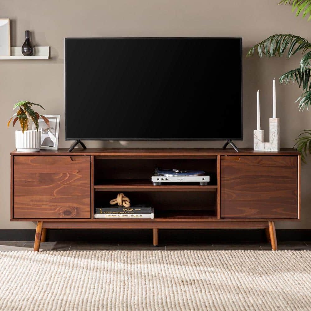 Welwick Designs 70 In. Walnut Solid Wood Mid Century Modern Tv Stand With  2 Doors (max Tv Size 80 In.) Hd8871 – The Home Depot For Mid Century Entertainment Centers (Gallery 2 of 20)