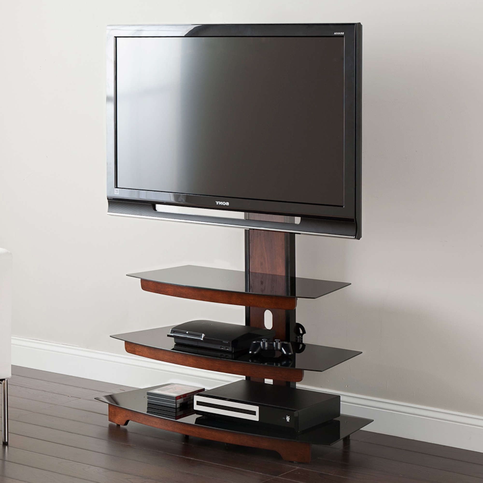 Whalen 3 Tier Television Stand For Tvs Up To 50", Perfect For Flat Screens,  Black Metal With Wood Trim Accent – Walmart With Regard To Tier Stands For Tvs (Gallery 7 of 20)