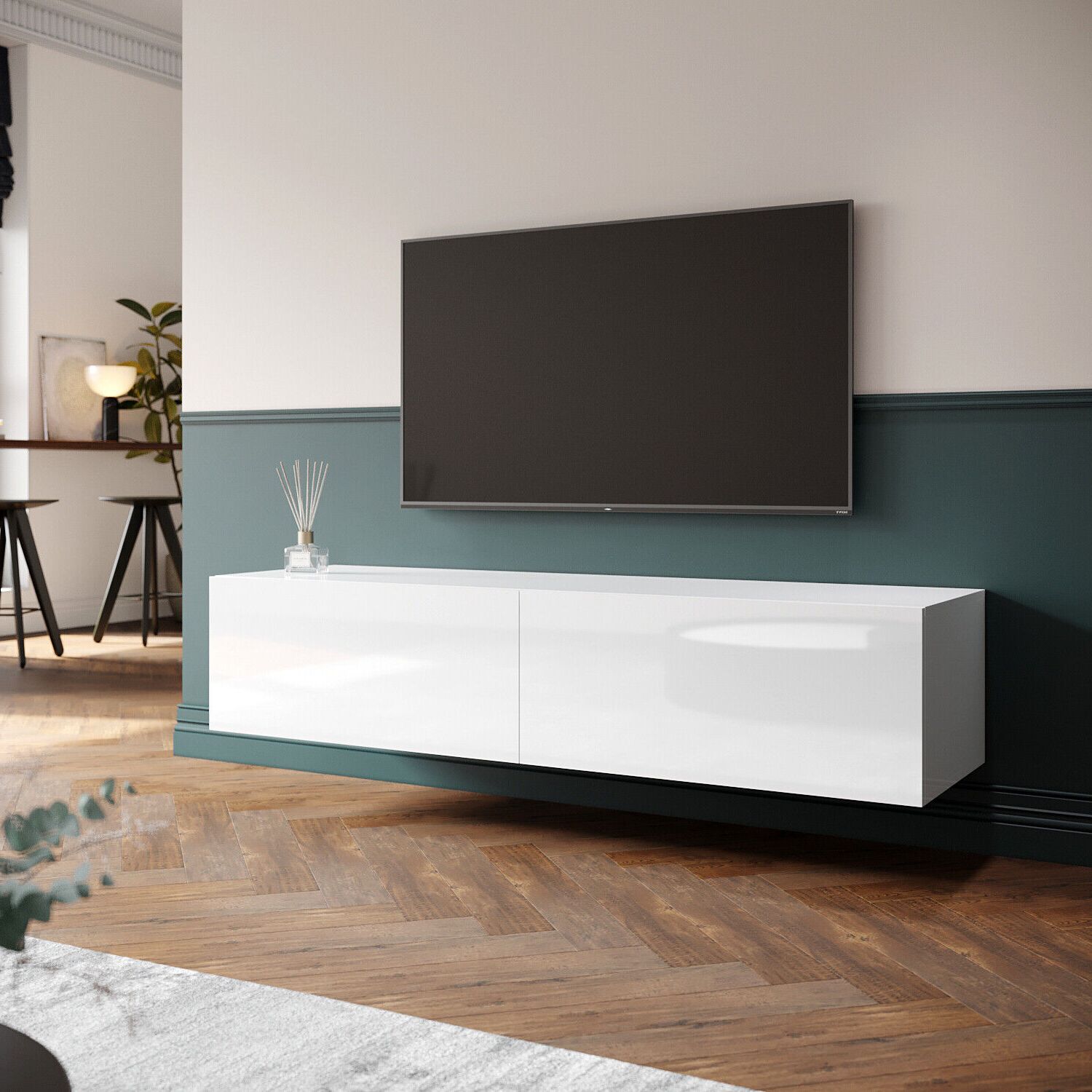White Floating Tv Unit Cabinet Wall Mounted High Gloss Entertainment Unit  140cm | Ebay Regarding Wall Mounted Floating Tv Stands (Gallery 3 of 20)