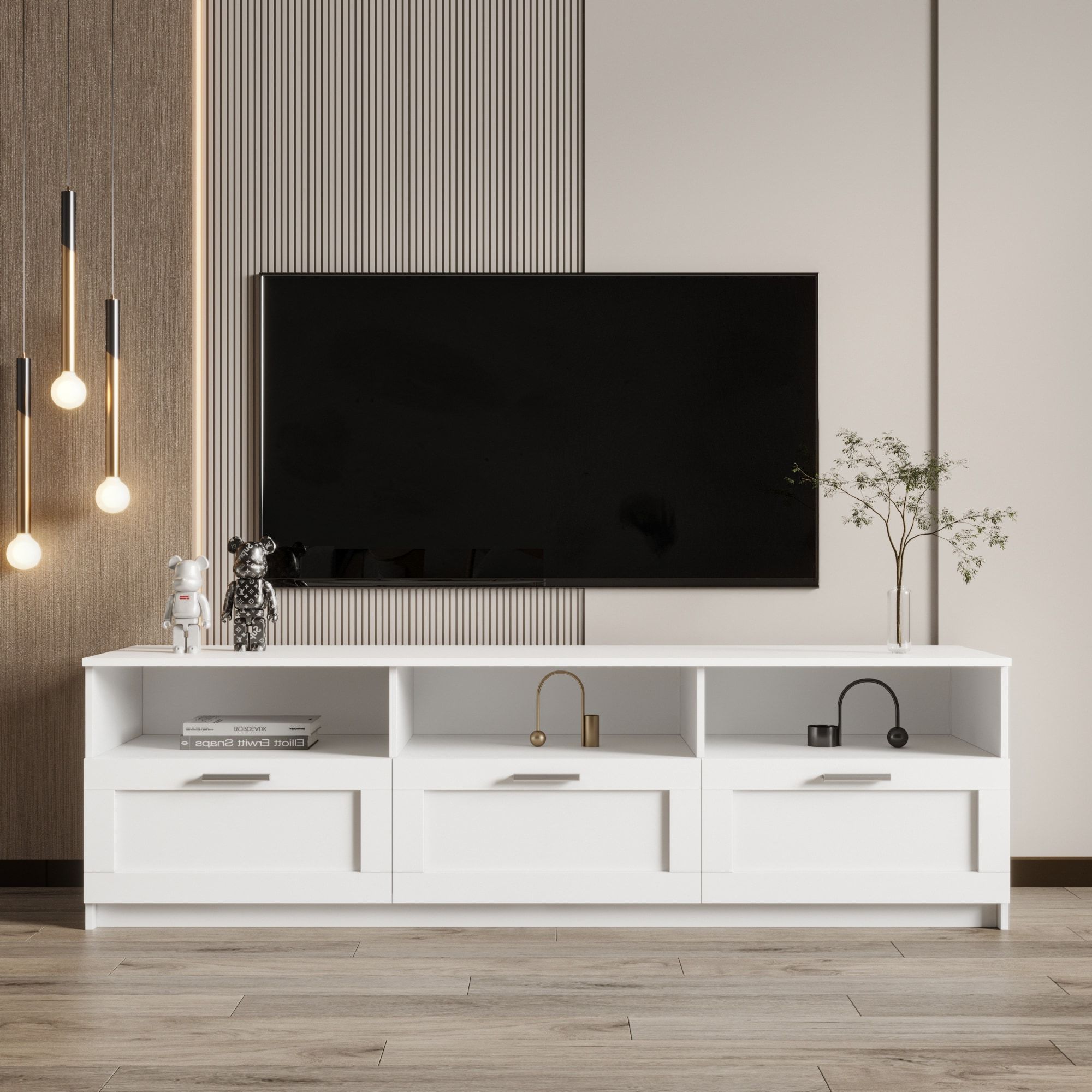 White Modern Minimalist Tv Cabinet Stand For 80 Inch Tvs, Double Level  Storage With 3 Open Spaces And 3 Drawers – Bed Bath & Beyond – 38353655 Within White Tv Stands Entertainment Center (View 9 of 20)