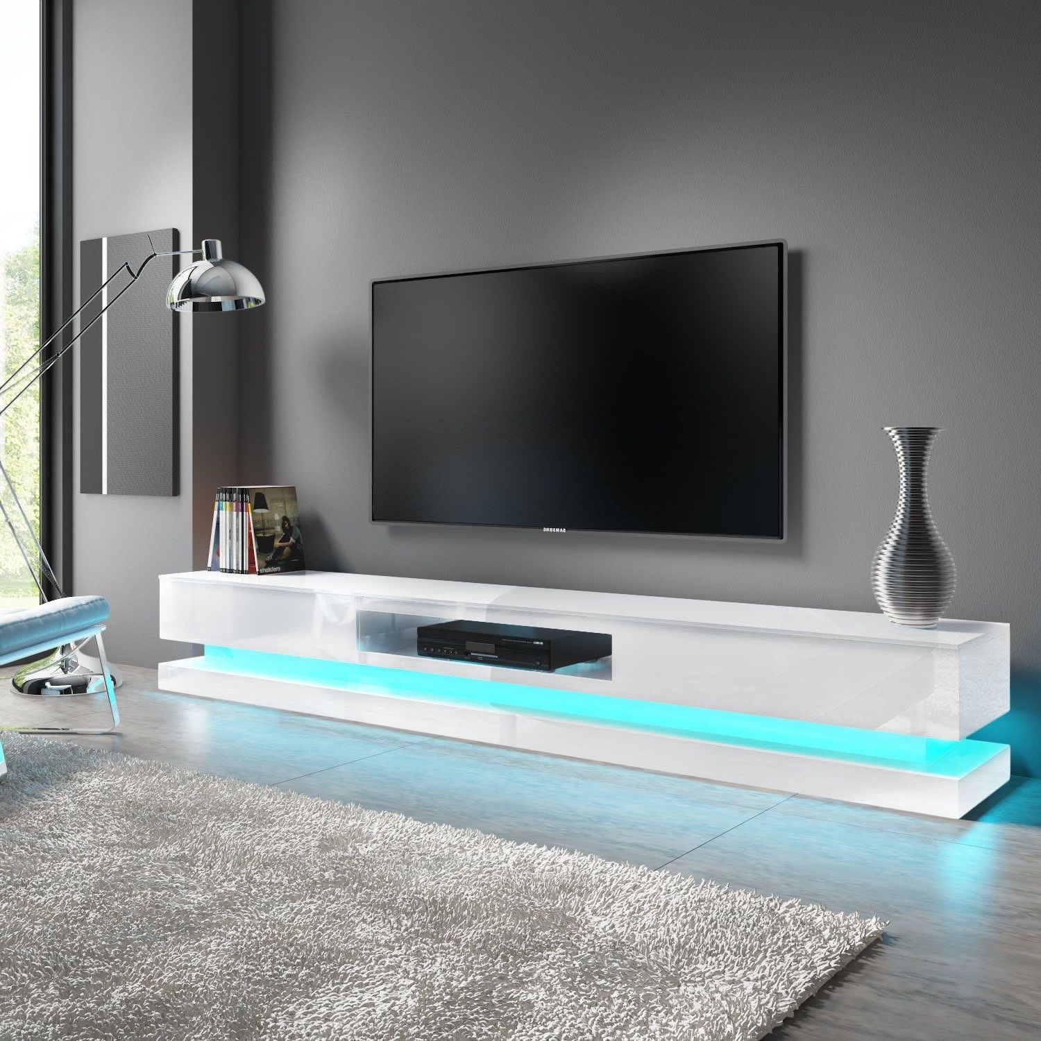 Wide White Gloss Tv Stand With Storage & Leds – Tv's Up To 70" – Evoque  Fol300300 E Xl | Appliances… | High Gloss Tv Unit, White Tv Stands, Tv Stand  With Led Lights In Tv Stands With Lights (View 11 of 20)