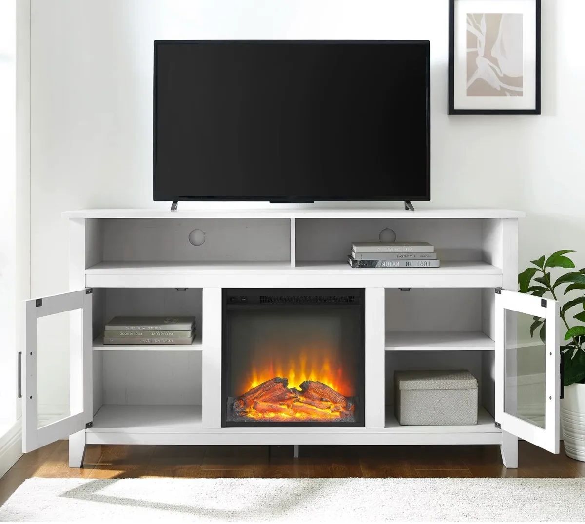 Woven Paths Highboy 2 Door Electric Fireplace Tv Stand For Tvs Up To 65",  Brushe | Ebay With Wood Highboy Fireplace Tv Stands (View 11 of 20)