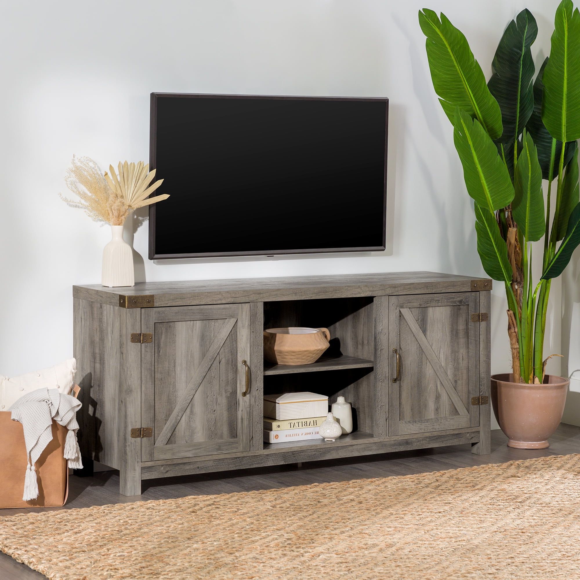 Woven Paths Modern Farmhouse Barn Door Tv Stand For Tvs Up To 65", Grey  Wash – Walmart With Regard To Farmhouse Stands For Tvs (View 4 of 20)