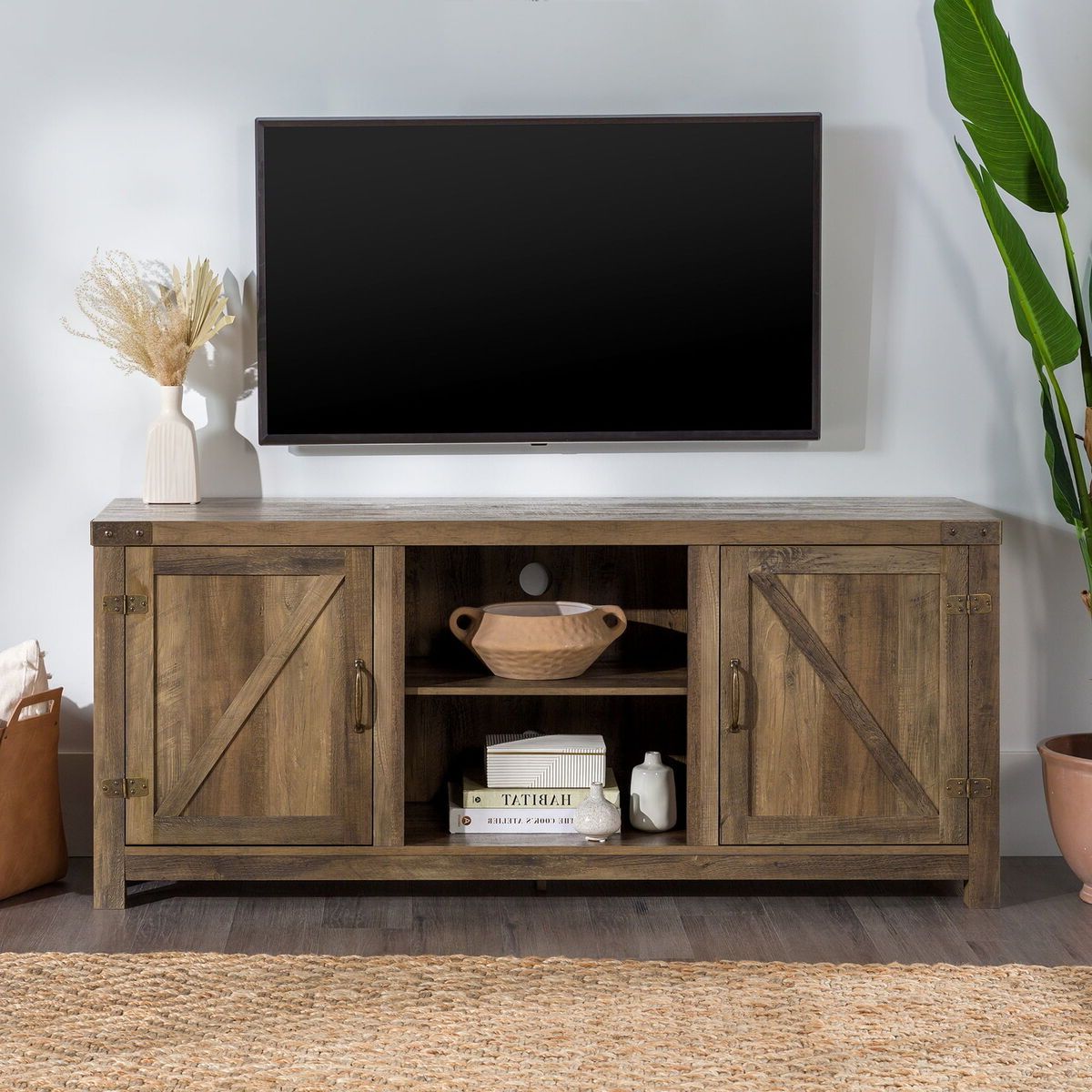 Woven Paths Modern Farmhouse Barn Door Tv Stand For Tvs Up To 65",  Reclaimed | Ebay With Regard To Modern Farmhouse Barn Tv Stands (View 6 of 20)